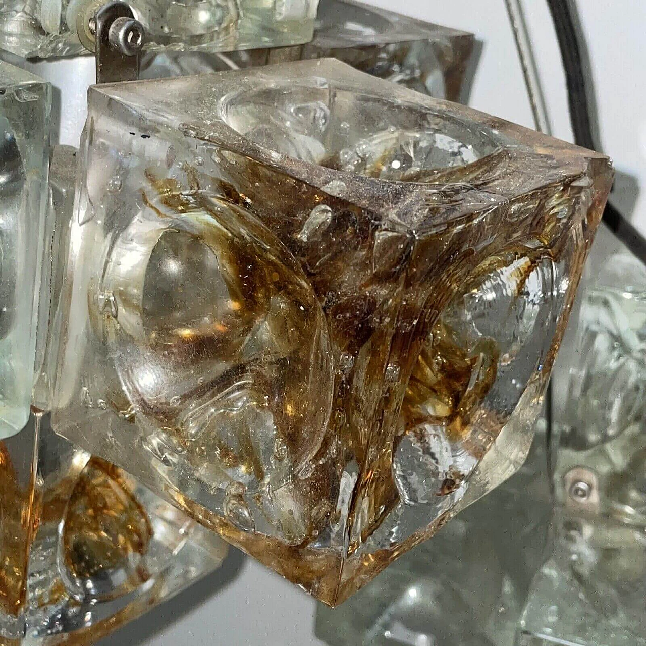 Three-light chandelier with glass cubes by Poliarte, 1970s 5