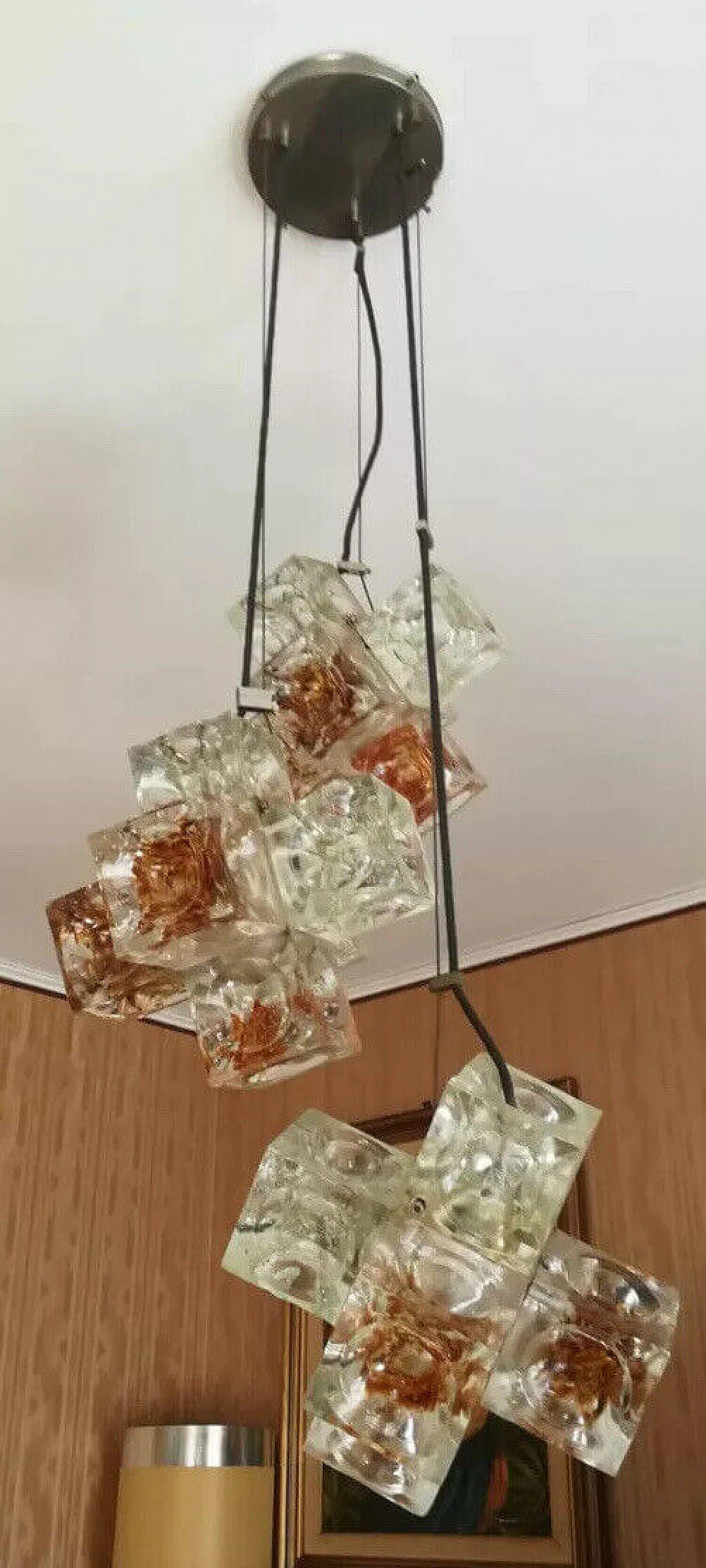 Three-light chandelier with glass cubes by Poliarte, 1970s 6