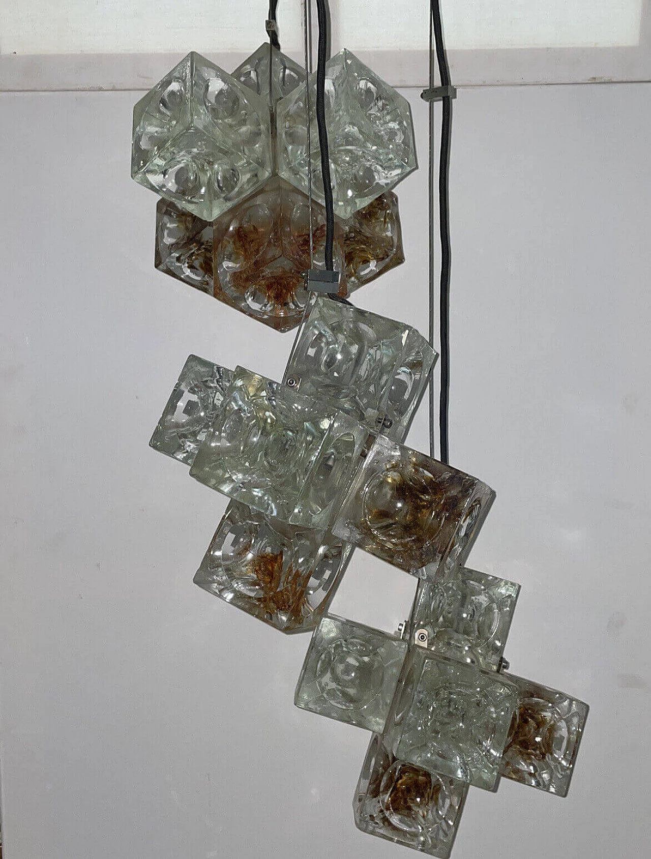 Three-light chandelier with glass cubes by Poliarte, 1970s 7