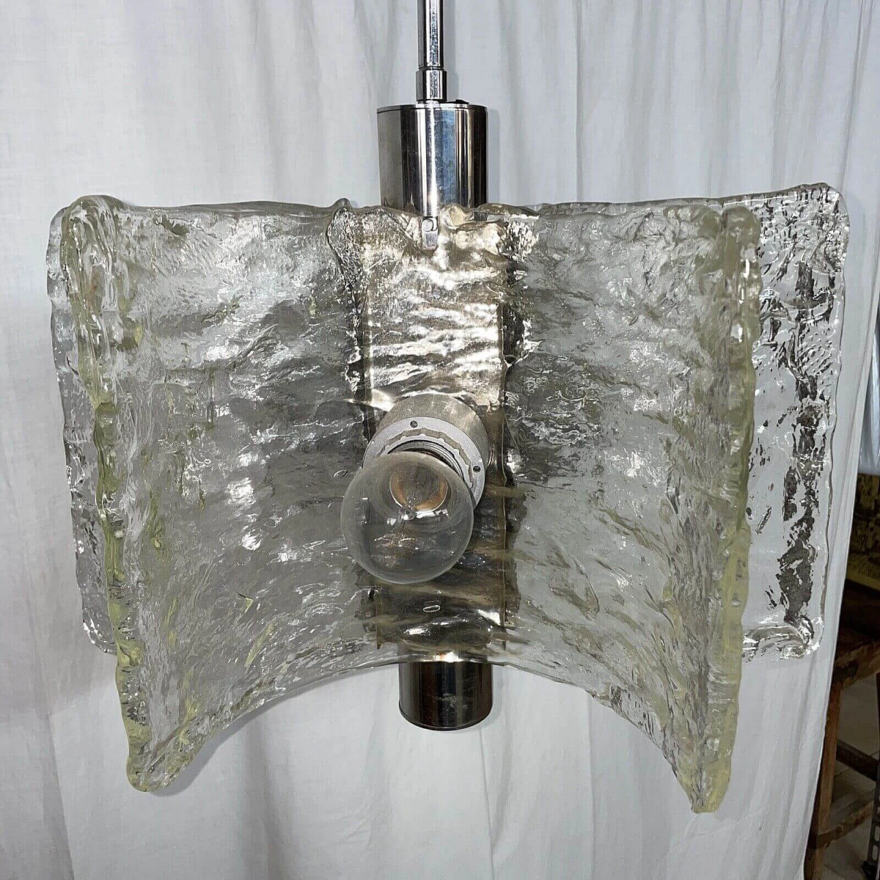 Steel and frosted glass chandelier, 1970s 2