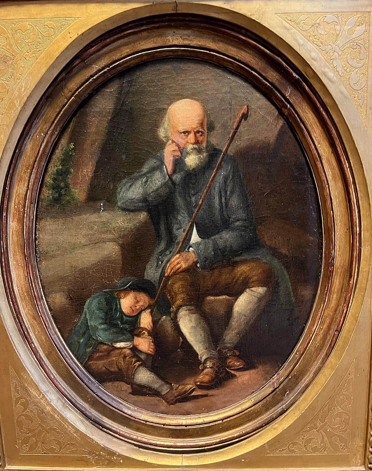 Portrait of old man with child, oil painting on panel, 19th century 1