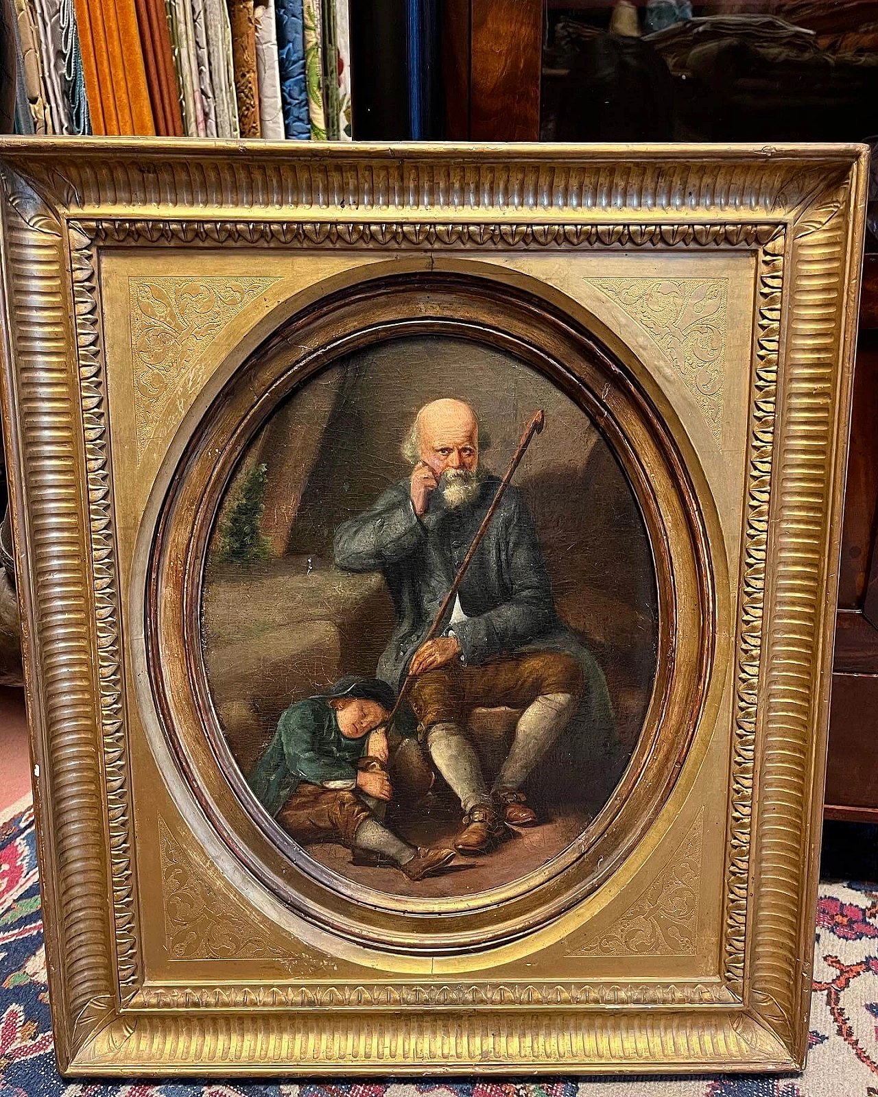 Portrait of old man with child, oil painting on panel, 19th century 2