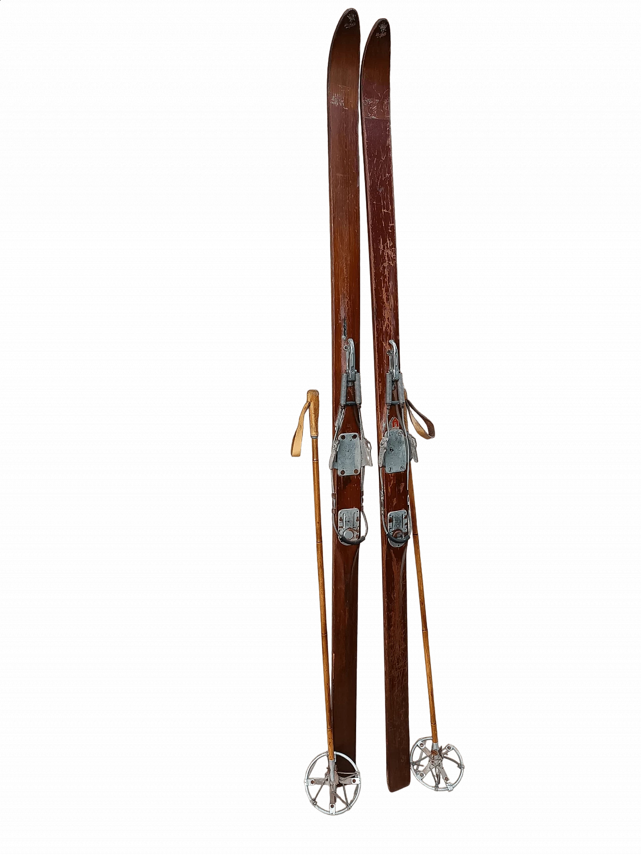 Pair of wood skis with leather and bamboo poles by Cober, 1950s 11