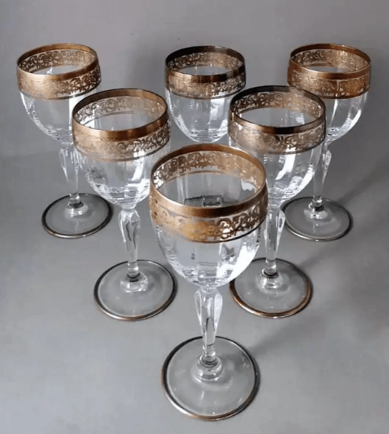 6 Transparent blown glass goblets with gilded rim in Louis XVI style, 1970s 2