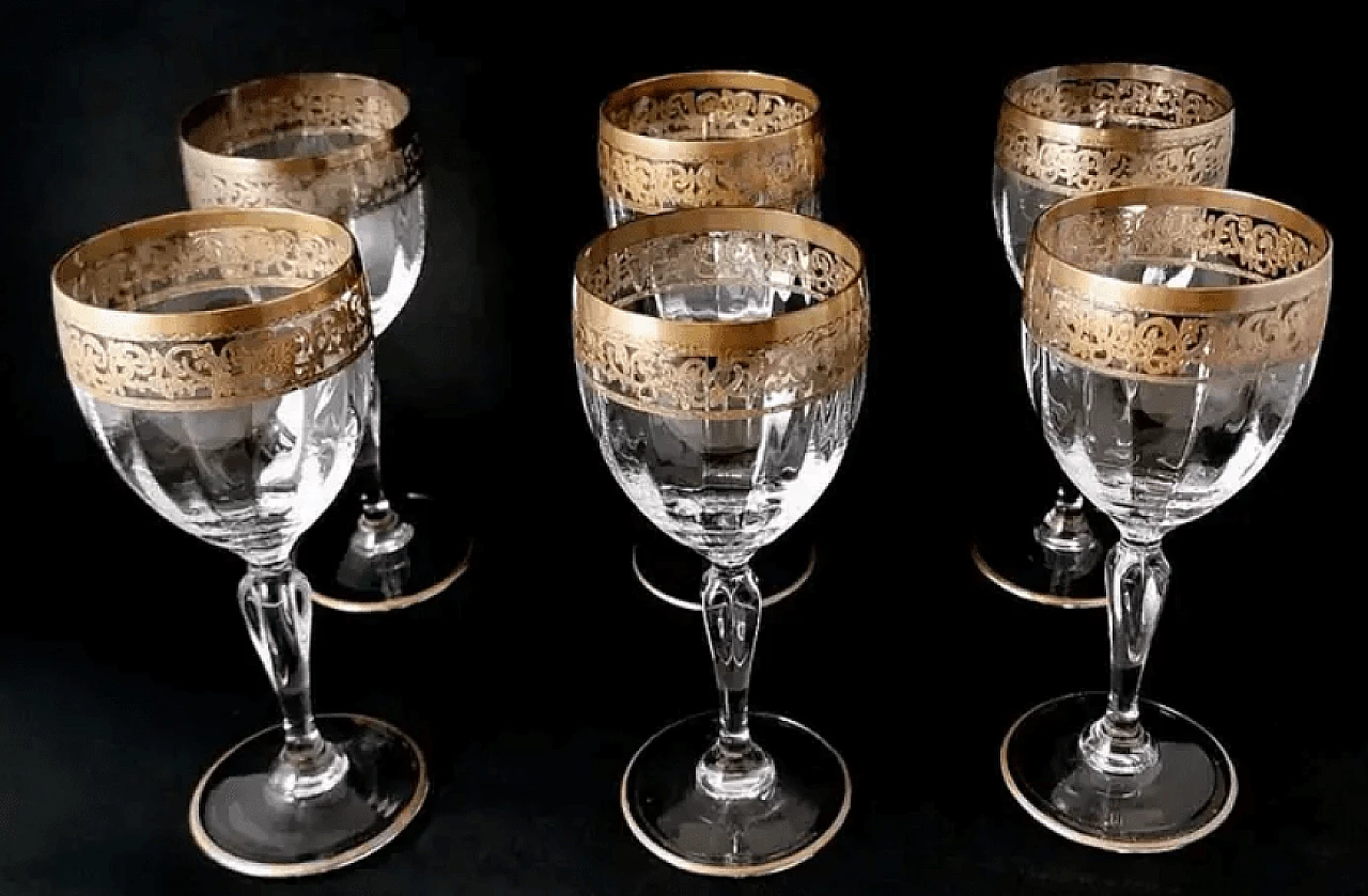 6 Transparent blown glass goblets with gilded rim in Louis XVI style, 1970s 3