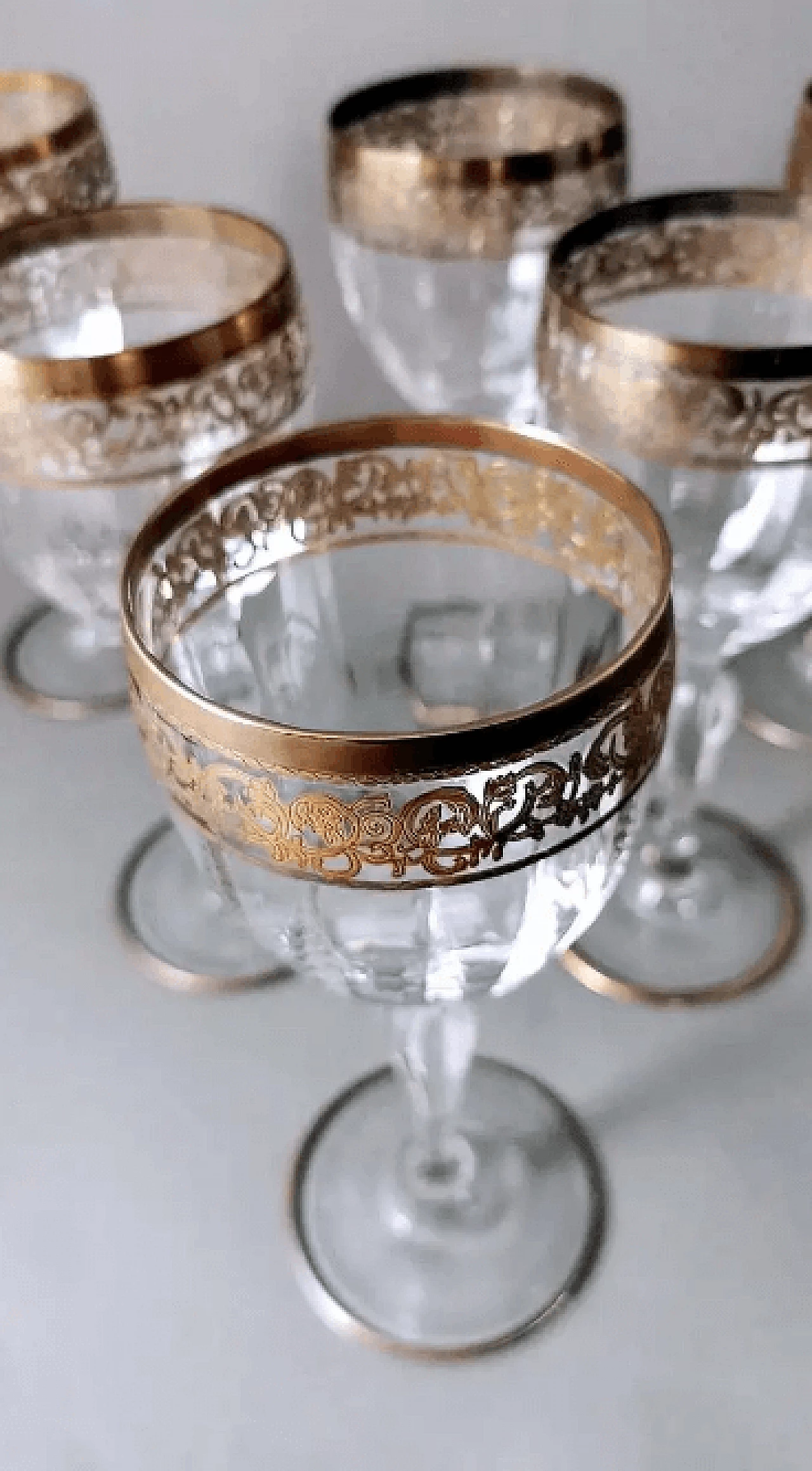 6 Transparent blown glass goblets with gilded rim in Louis XVI style, 1970s 6