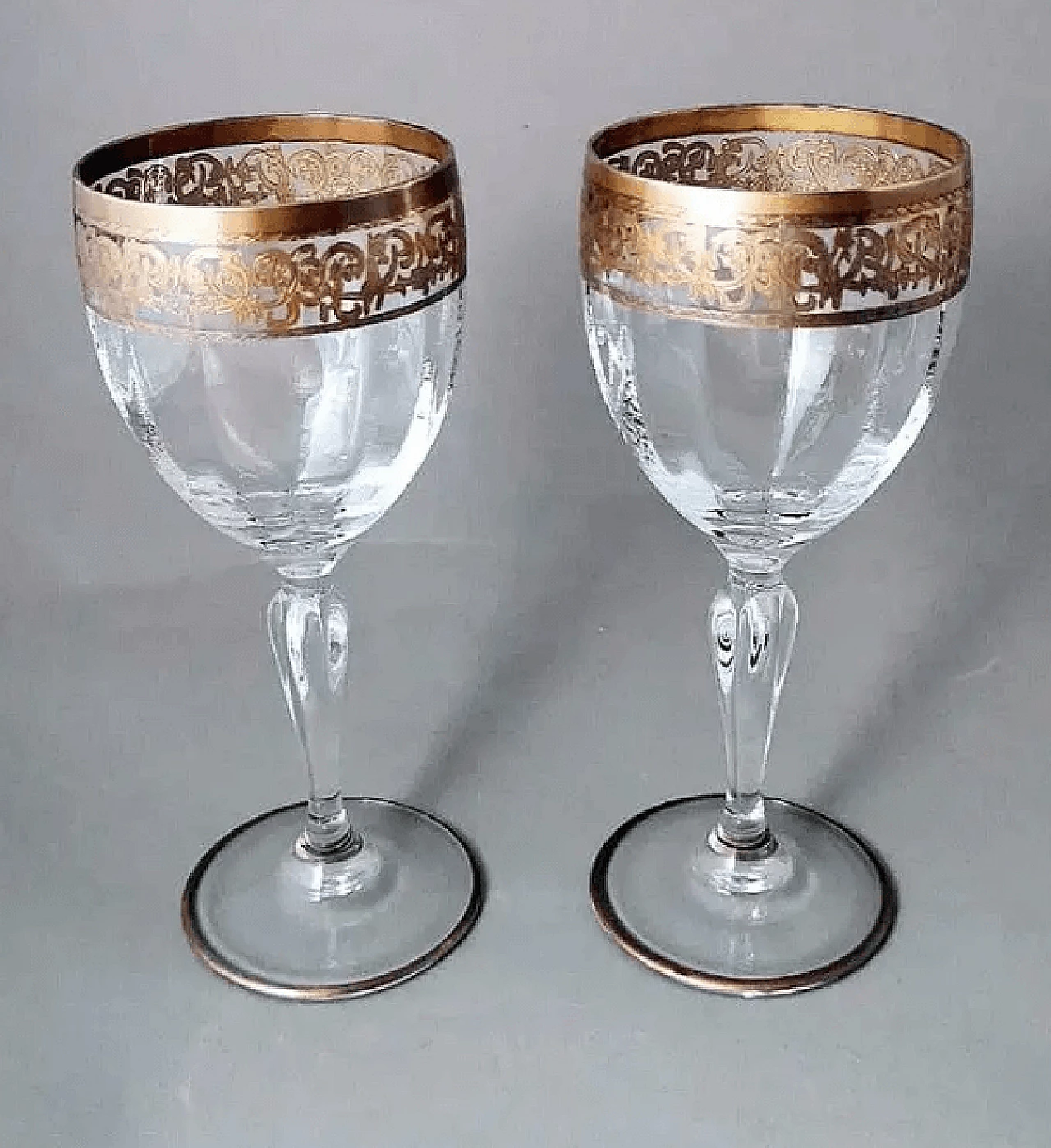 6 Transparent blown glass goblets with gilded rim in Louis XVI style, 1970s 8