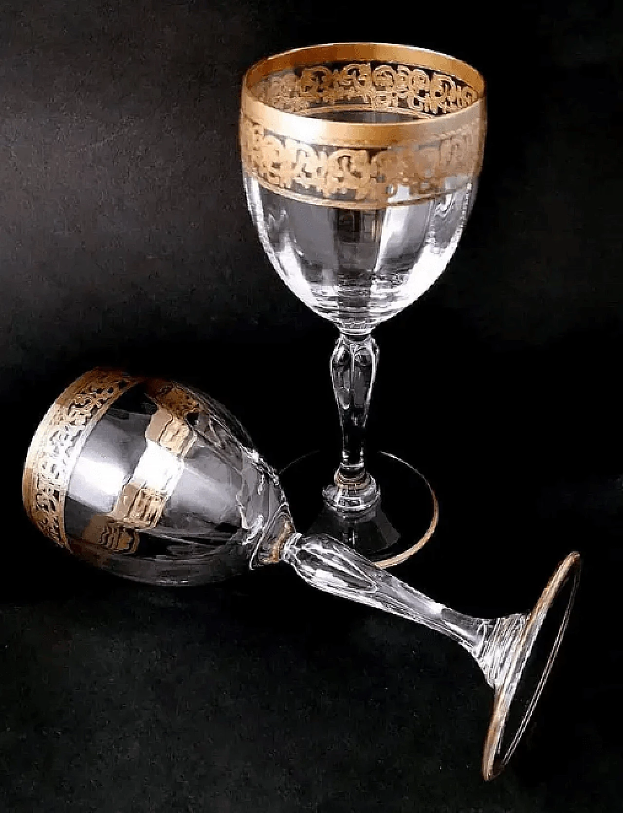 6 Transparent blown glass goblets with gilded rim in Louis XVI style, 1970s 9