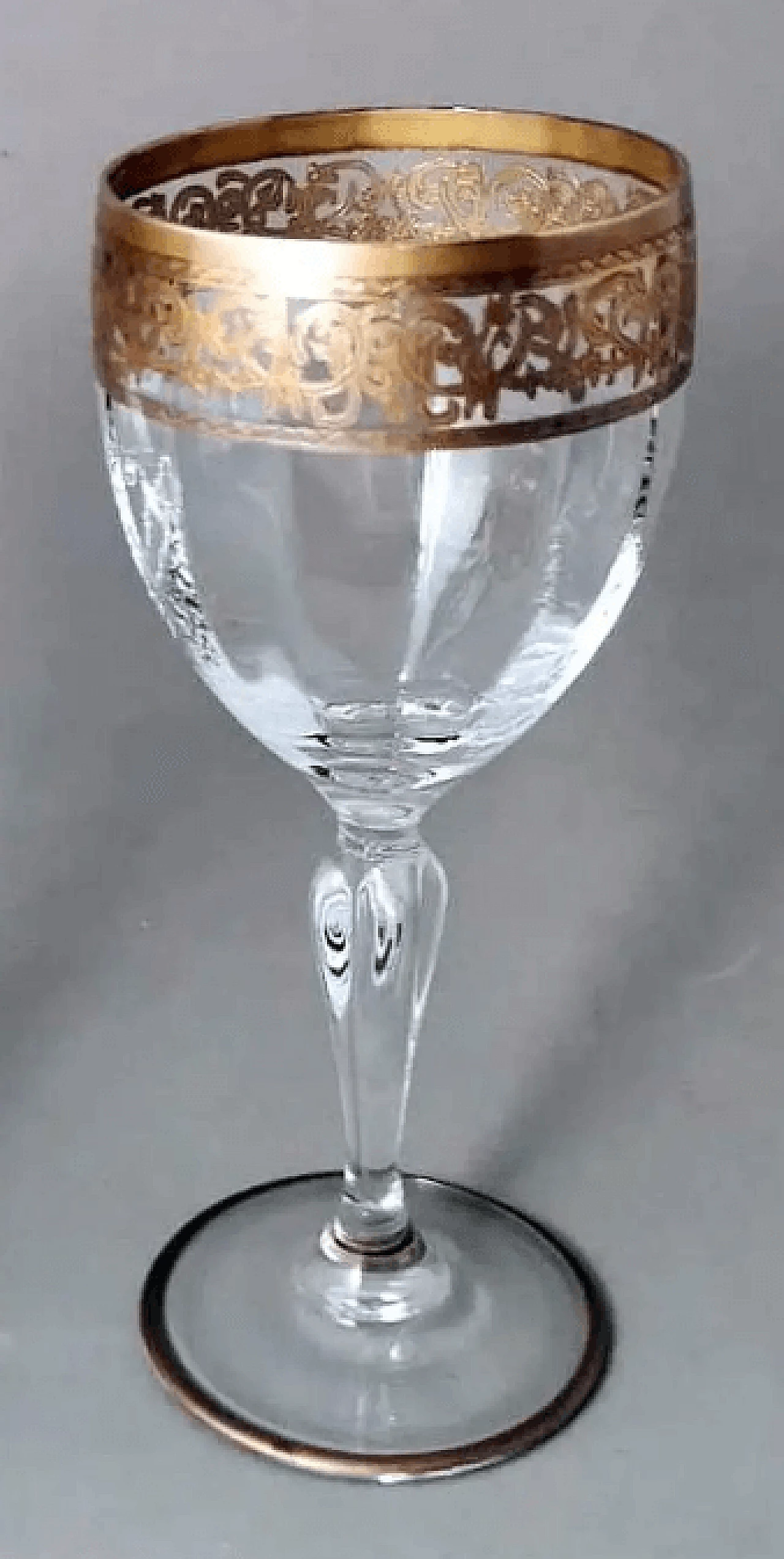 6 Transparent blown glass goblets with gilded rim in Louis XVI style, 1970s 10