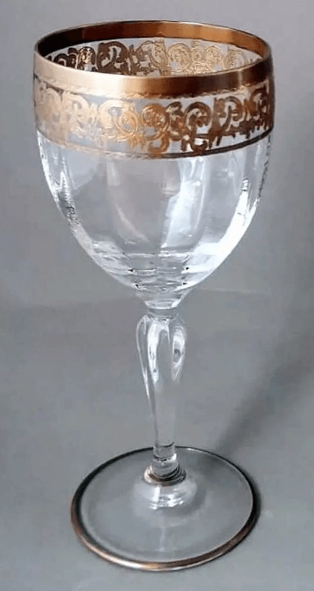 6 Transparent blown glass goblets with gilded rim in Louis XVI style, 1970s 11