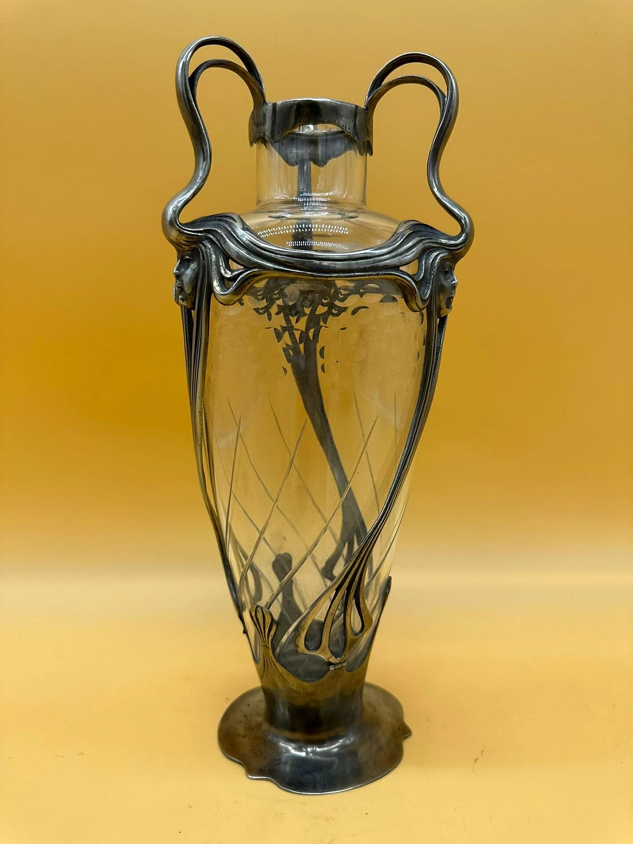 Art Nouveau glass and metal vase with three handles, early 1900s 1