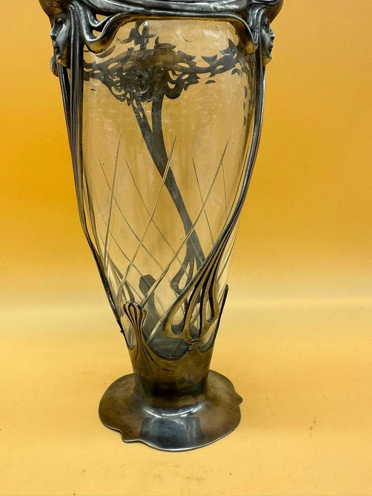 Art Nouveau glass and metal vase with three handles, early 1900s 2