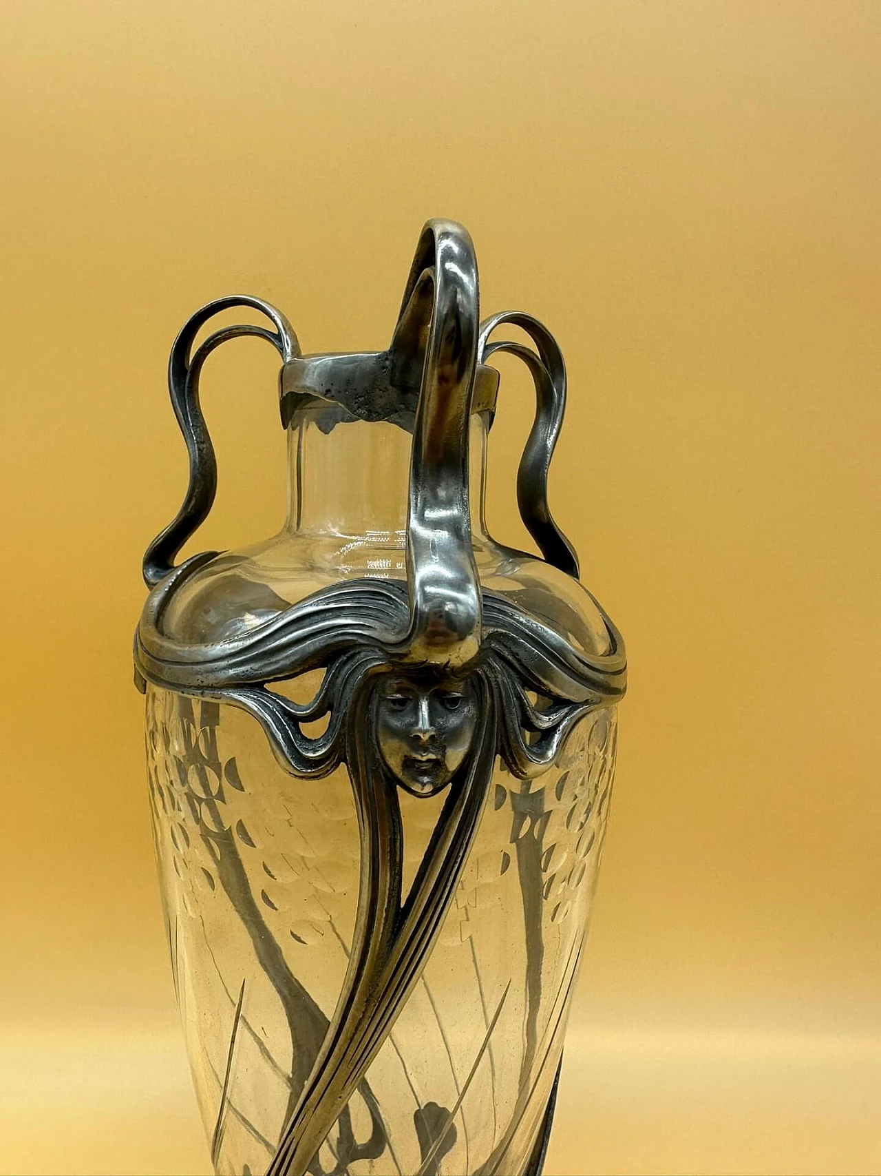 Art Nouveau glass and metal vase with three handles, early 1900s 3