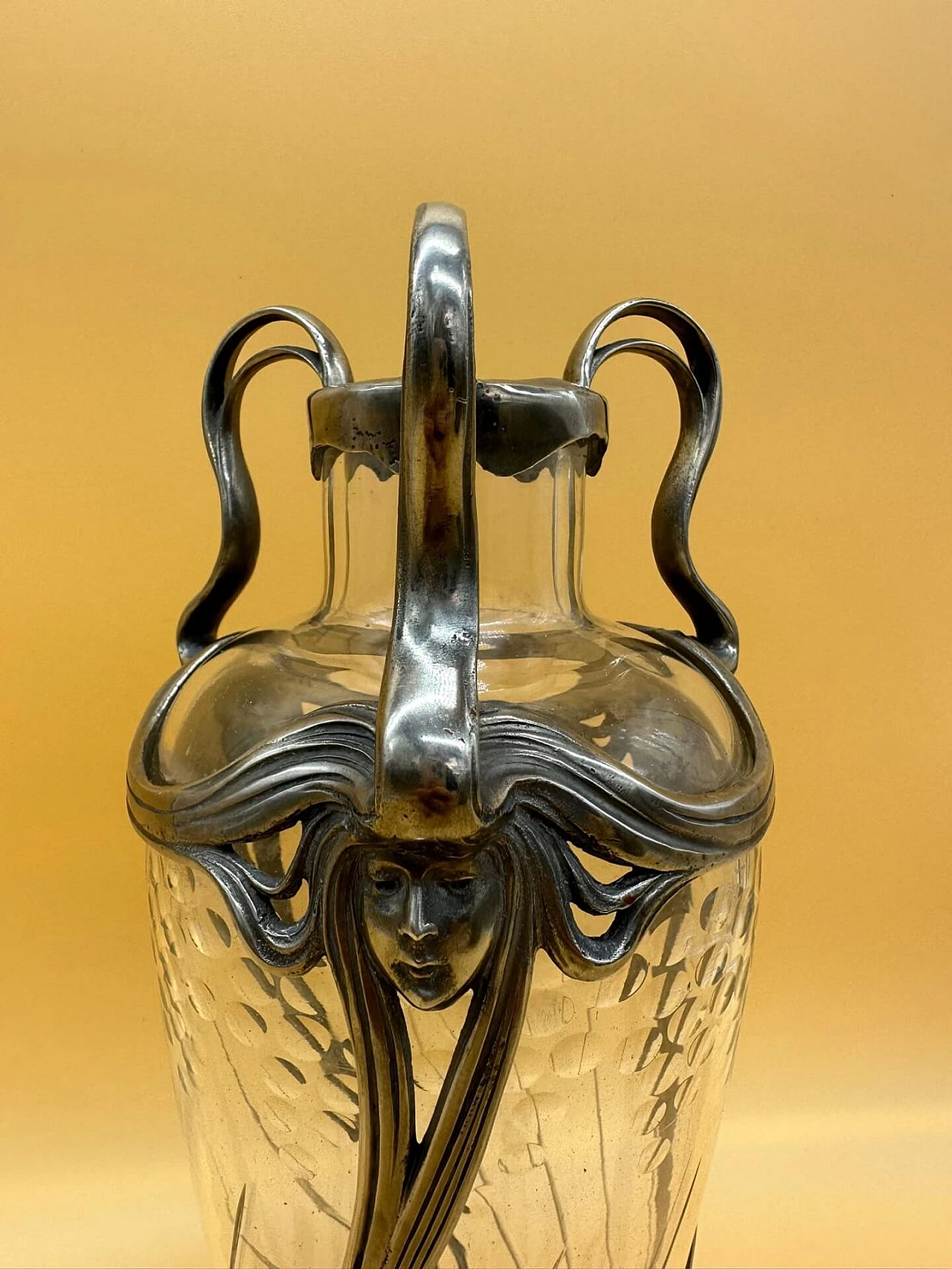 Art Nouveau glass and metal vase with three handles, early 1900s 4