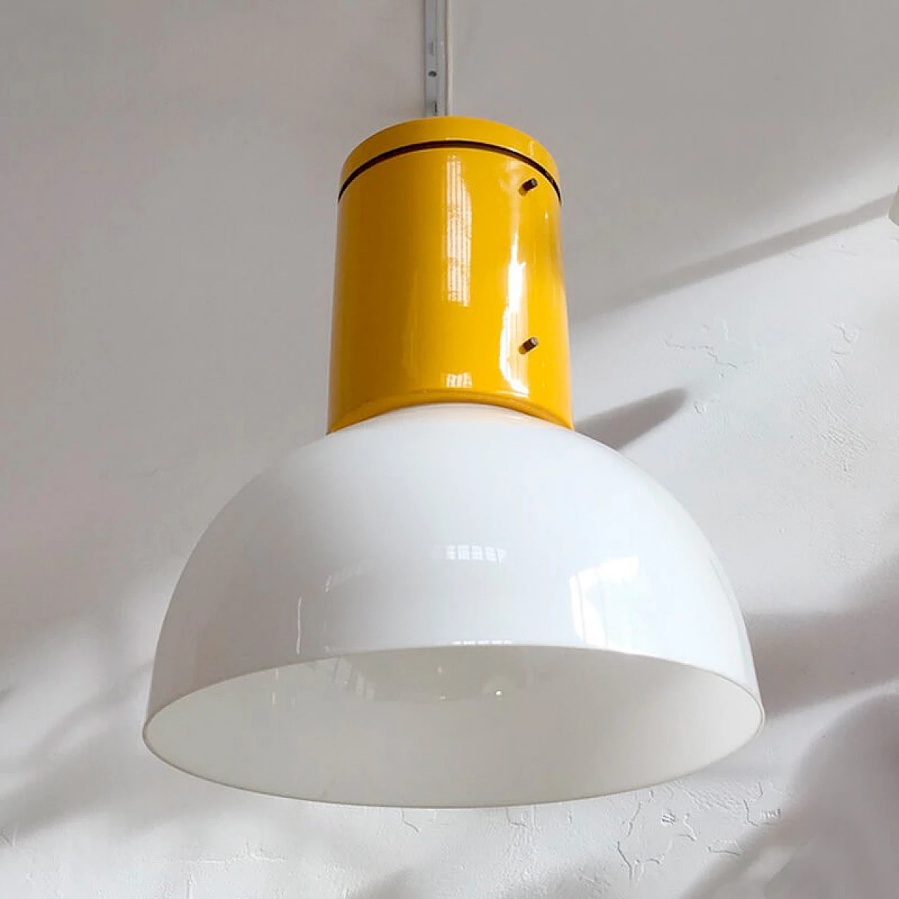 Industrial chandelier made of yellow painted metal with white plastic diffuser, 1970s 1