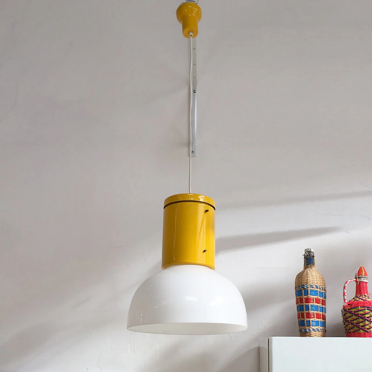 Industrial chandelier made of yellow painted metal with white plastic diffuser, 1970s 2