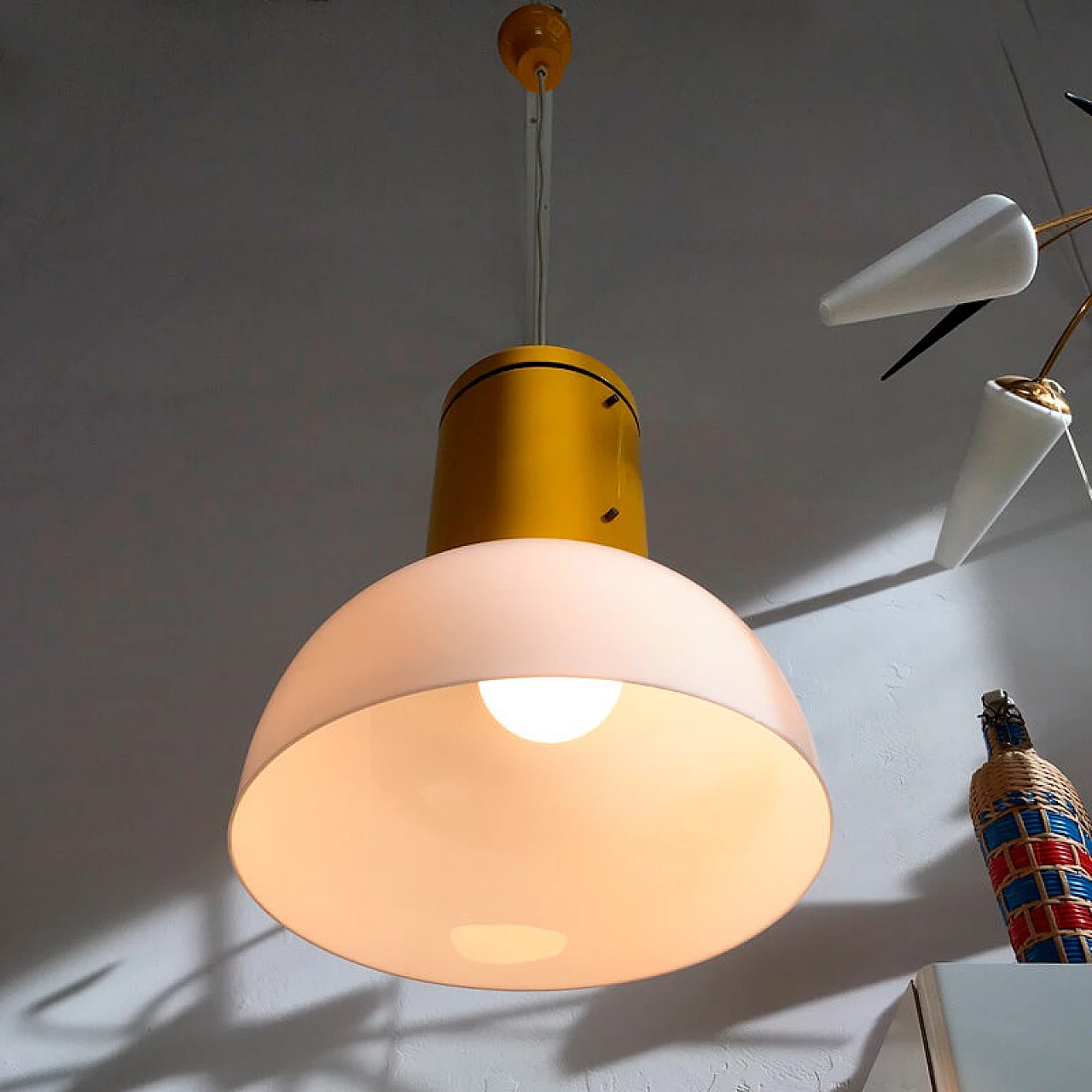 Industrial chandelier made of yellow painted metal with white plastic diffuser, 1970s 3