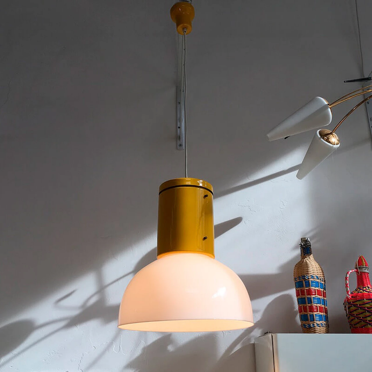 Industrial chandelier made of yellow painted metal with white plastic diffuser, 1970s 4