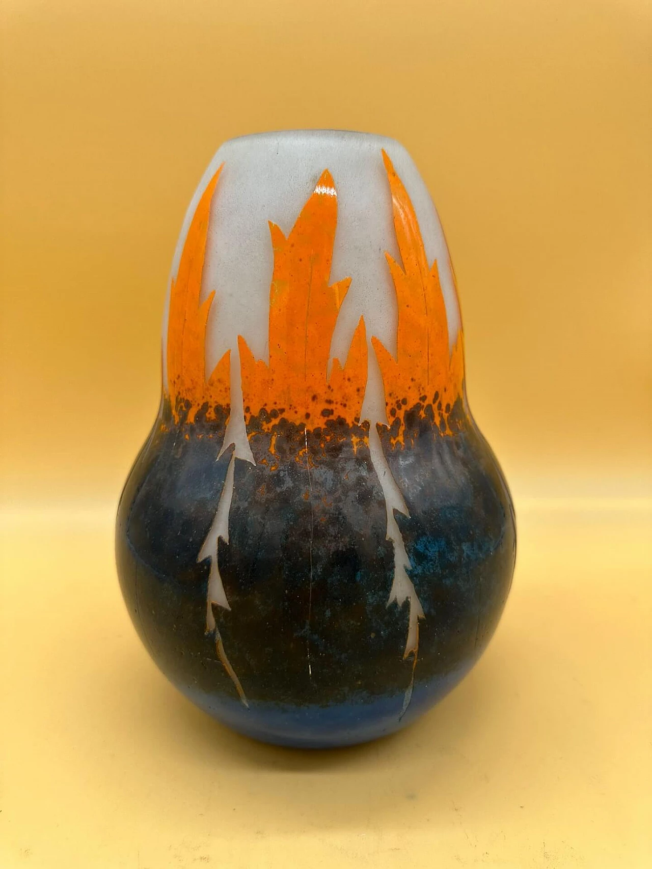 Art Deco glass vase with stylised blue and orange leaves, early 1900s 1