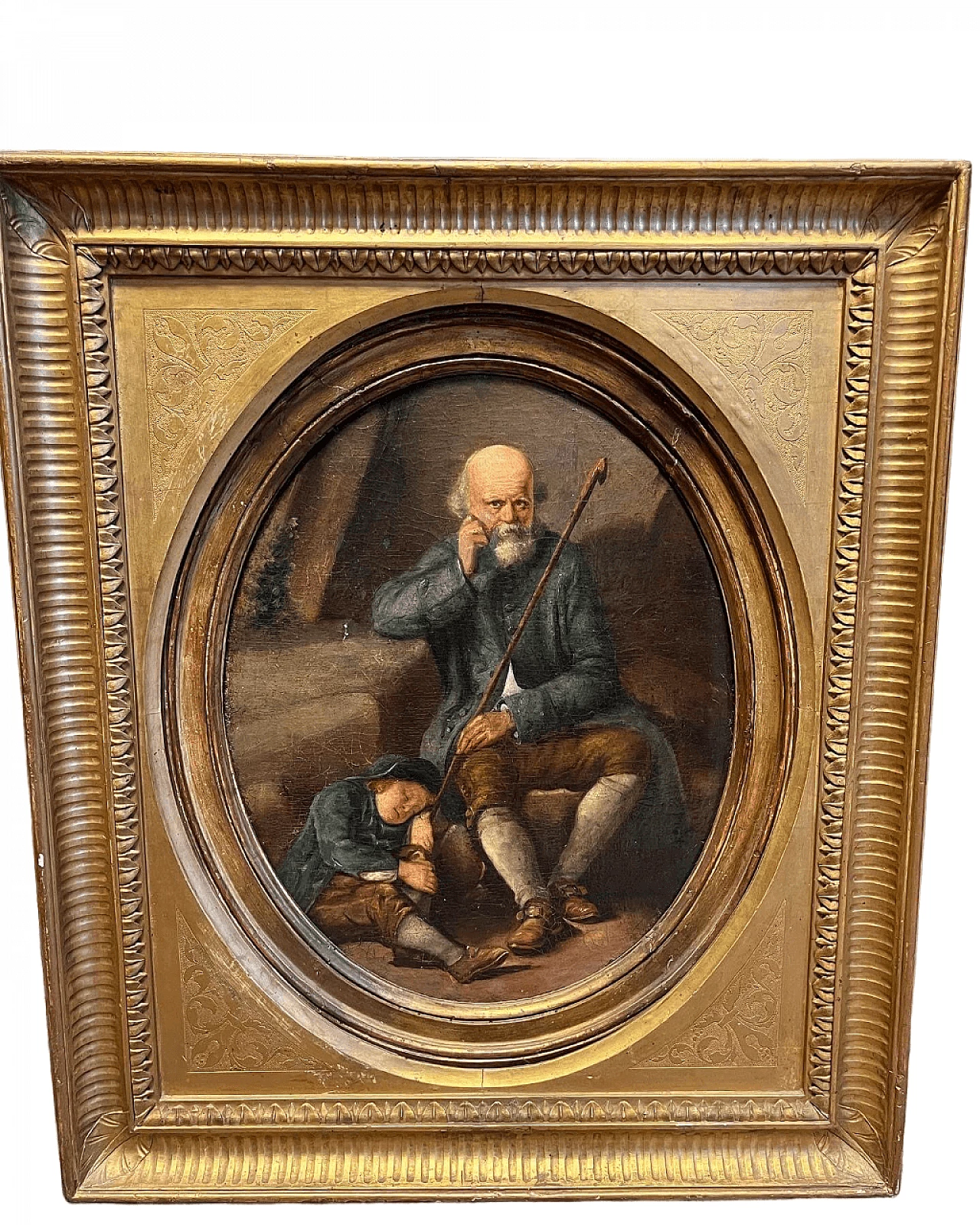 Portrait of old man with child, oil painting on panel, 19th century 4