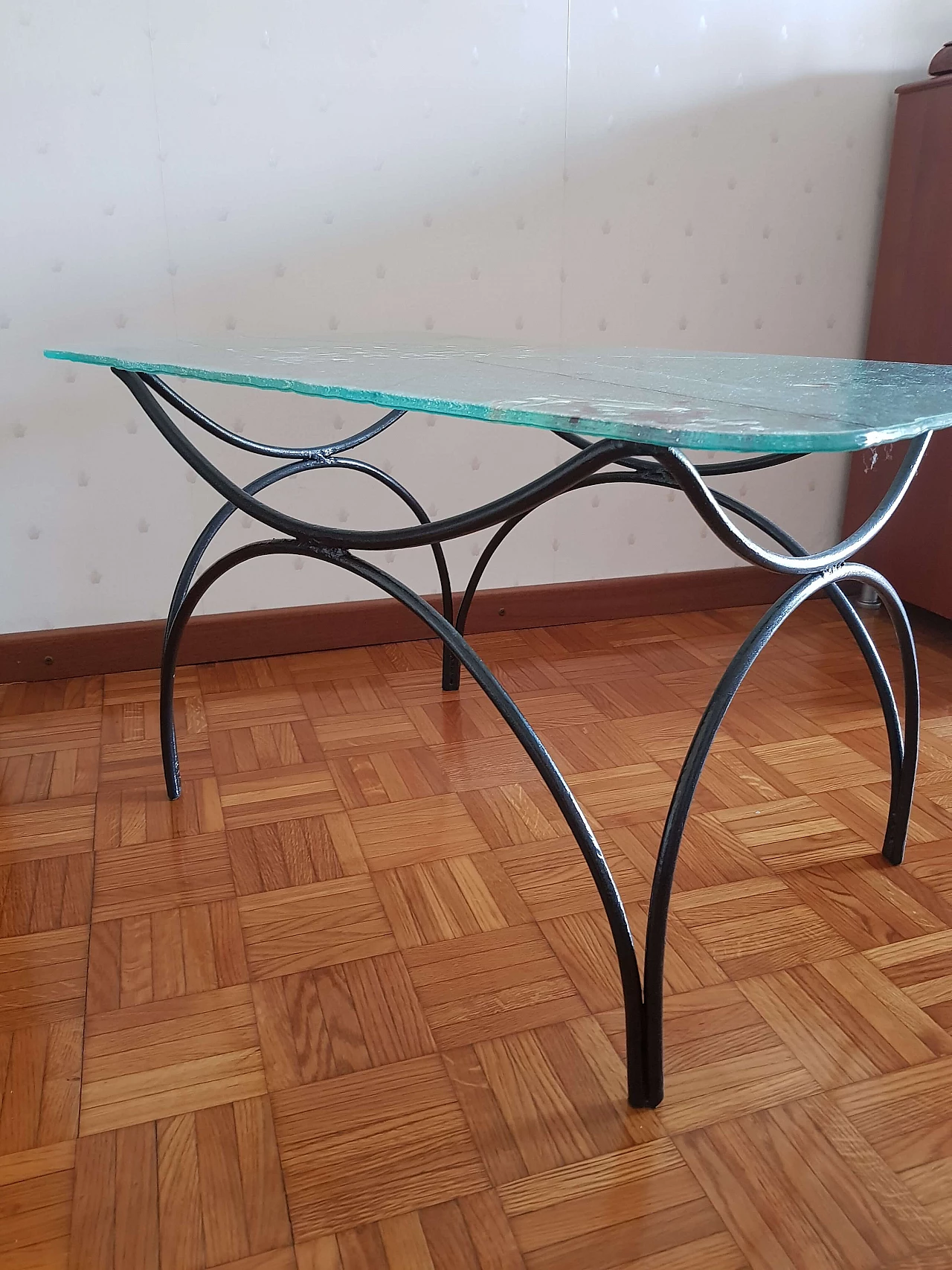 Wrought iron coffee table with painted glass top by Pietro Arnoldi, 1980s 2