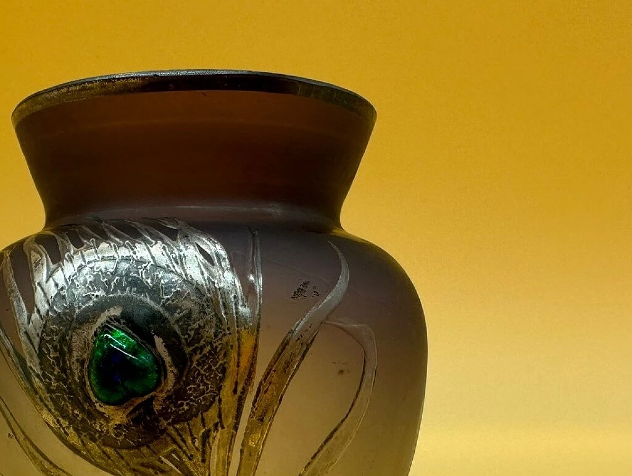 Glass vase with silvered peacock feather and green gem application, early 1900s 3