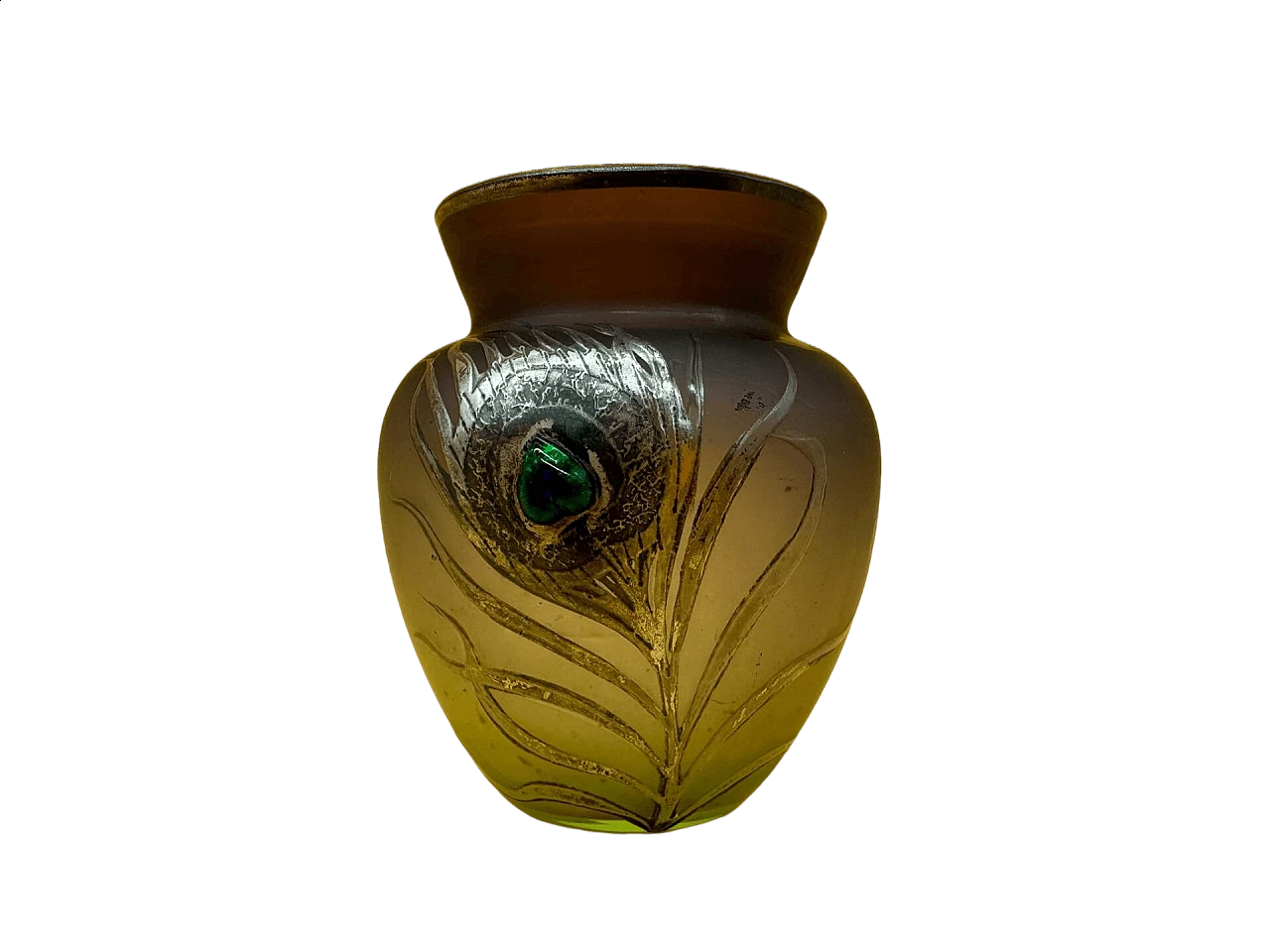 Glass vase with silvered peacock feather and green gem application, early 1900s 4