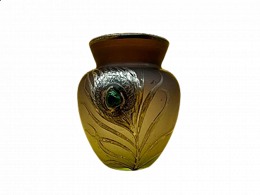 Glass vase with silvered peacock feather and green gem application, early 1900s