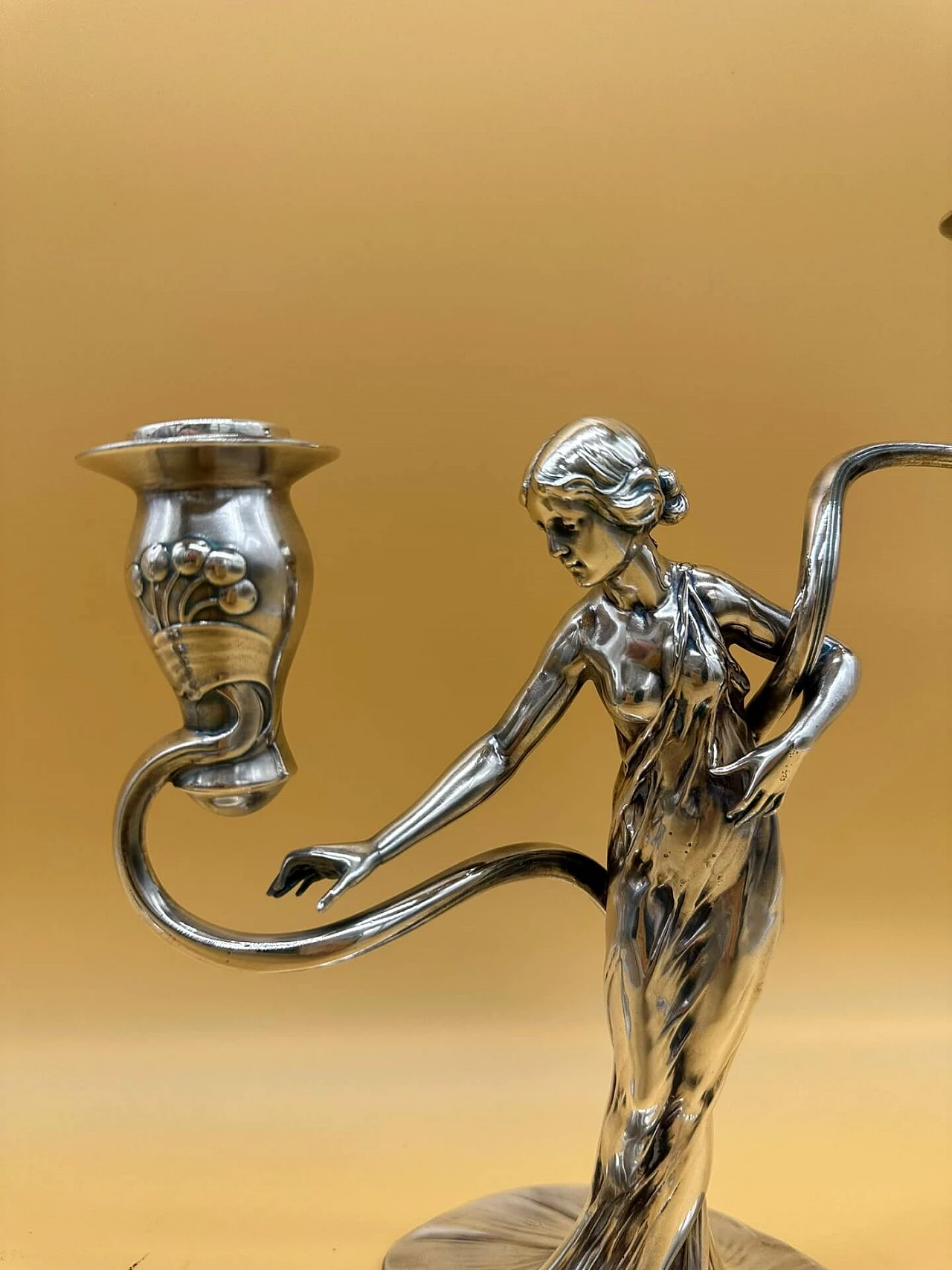 Pair of two-lamp metal candlesticks with woman by WMF, early 1900s 1