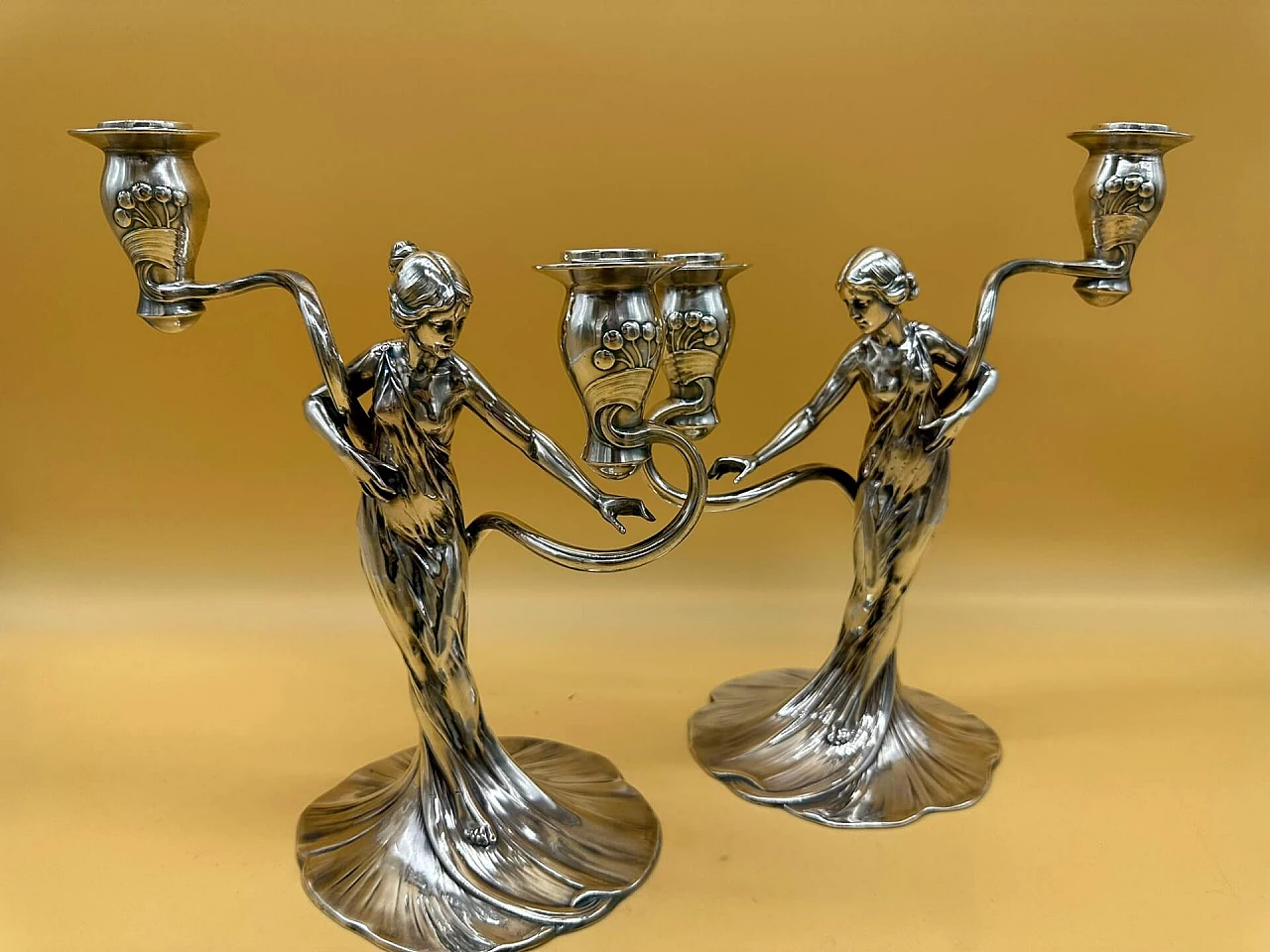 Pair of two-lamp metal candlesticks with woman by WMF, early 1900s 2