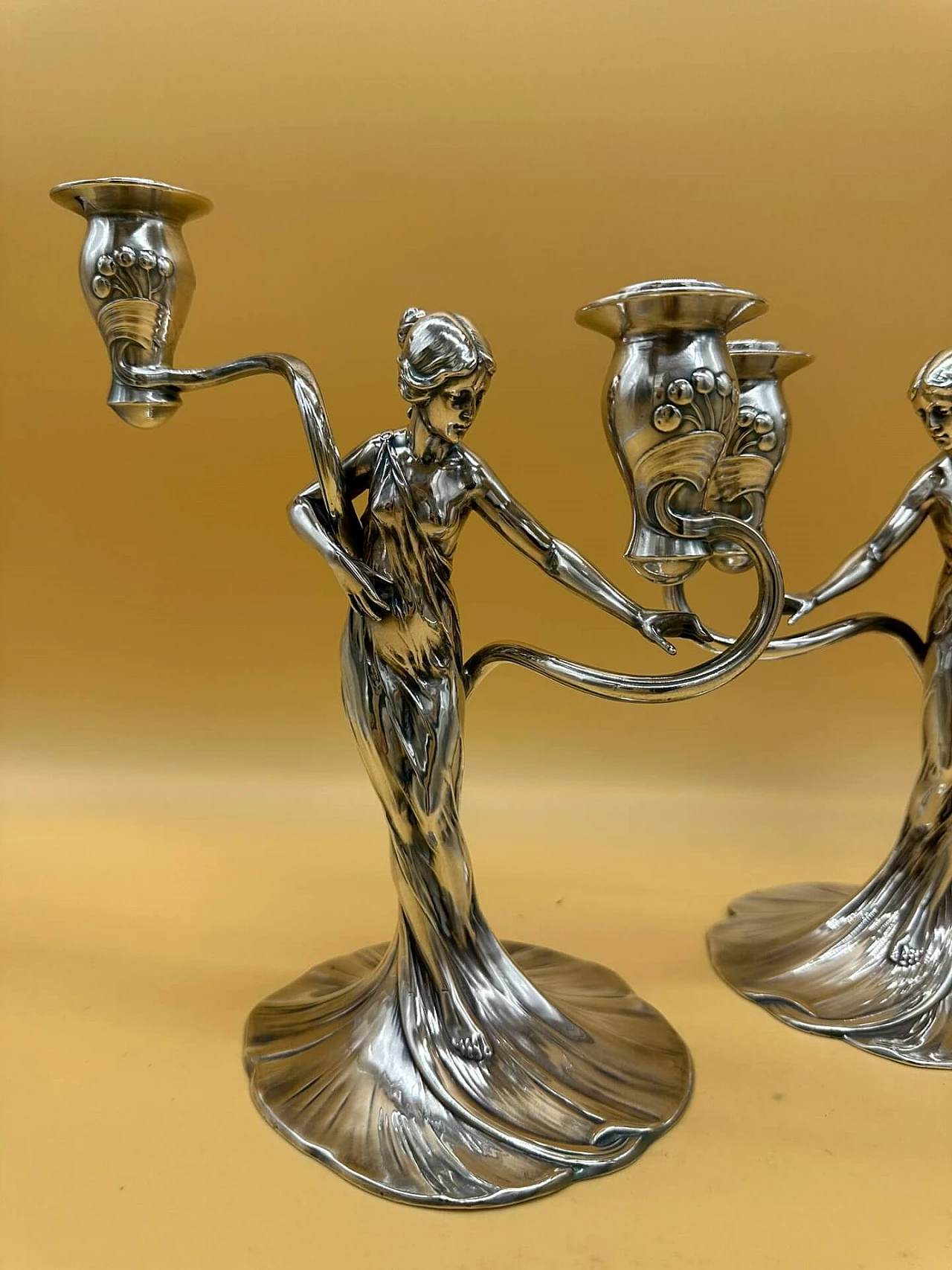 Pair of two-lamp metal candlesticks with woman by WMF, early 1900s 3