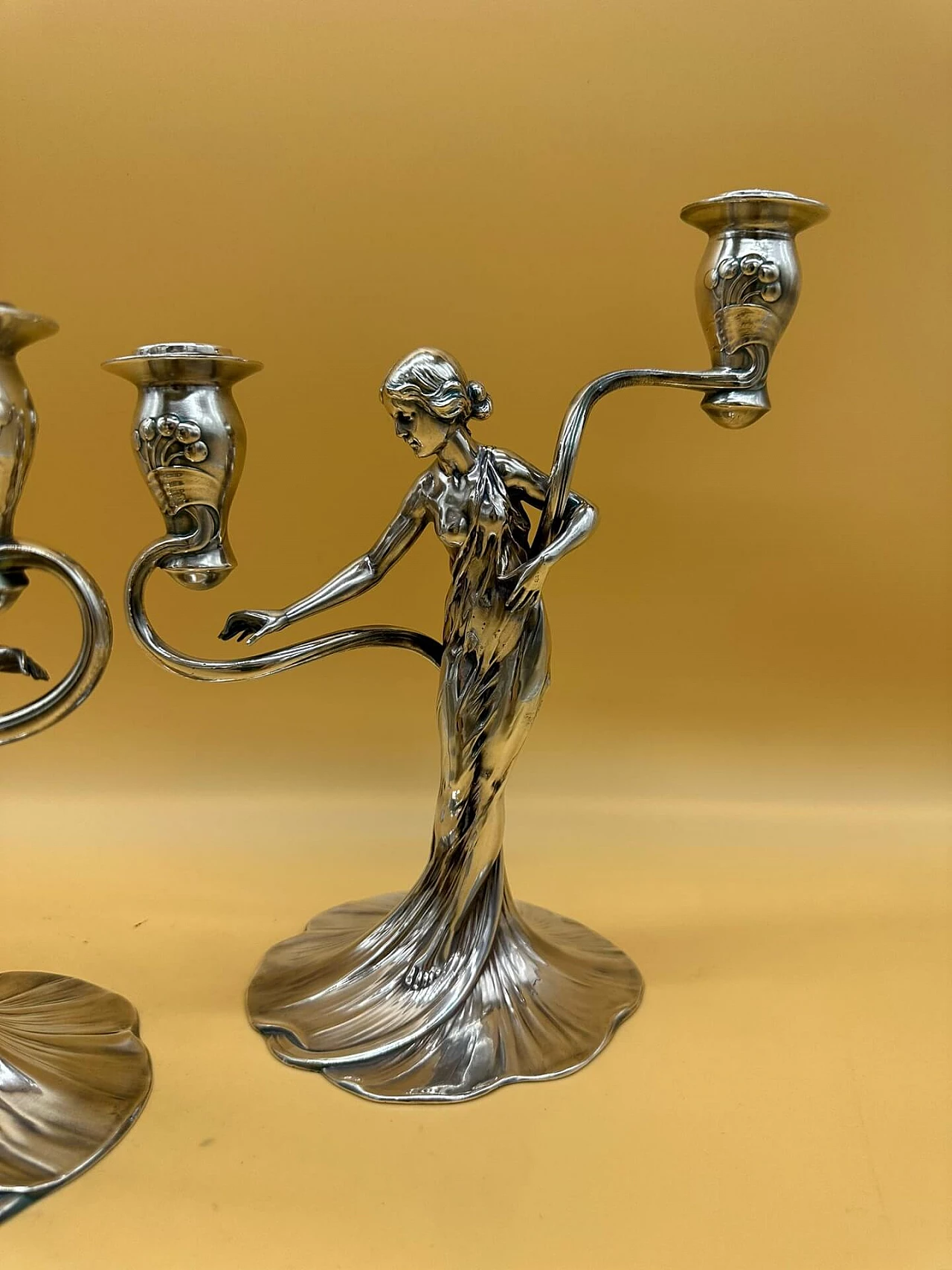 Pair of two-lamp metal candlesticks with woman by WMF, early 1900s 4