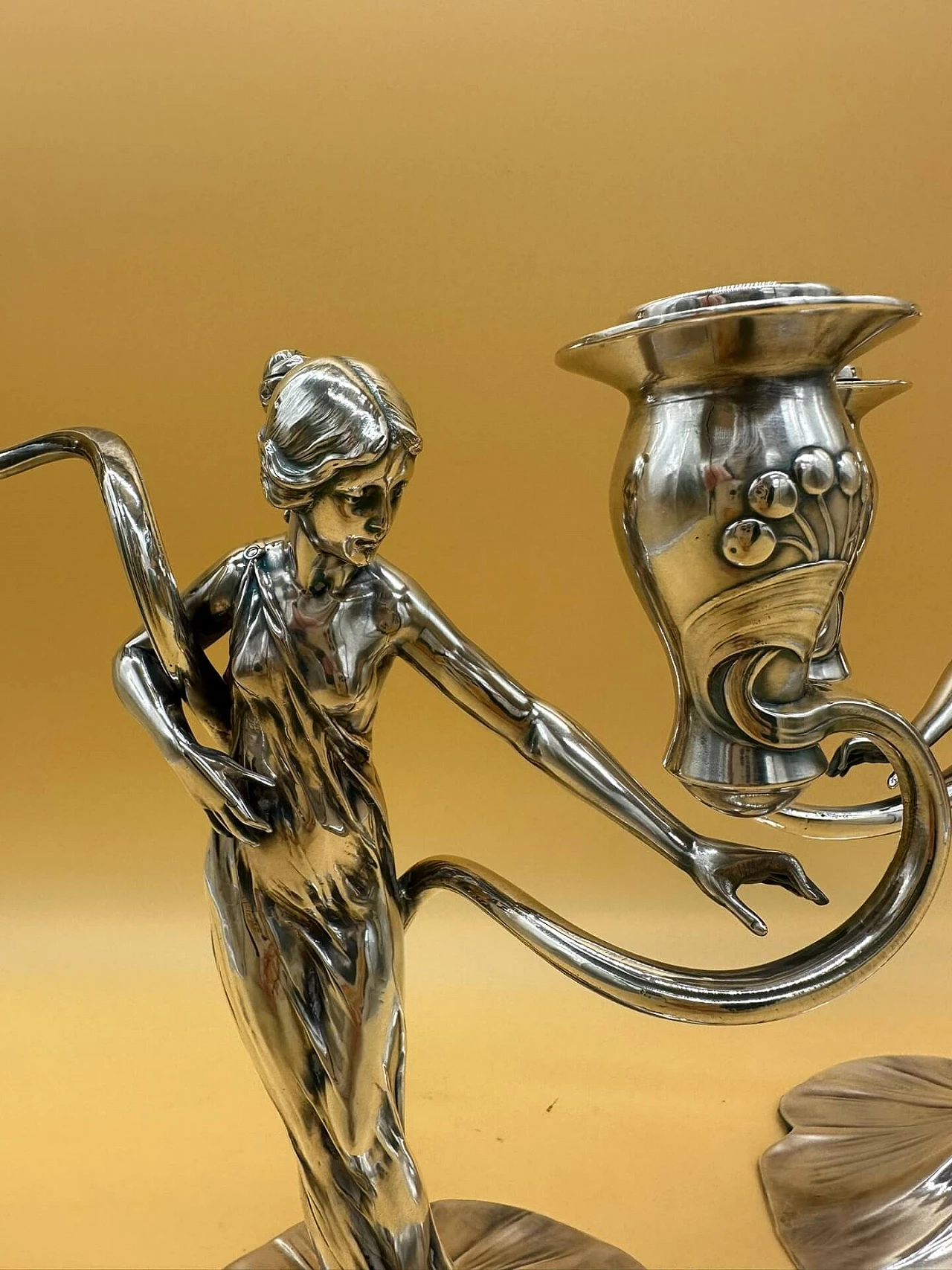 Pair of two-lamp metal candlesticks with woman by WMF, early 1900s 5