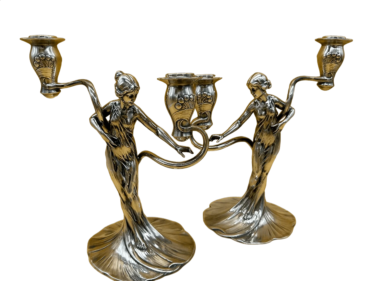 Pair of two-lamp metal candlesticks with woman by WMF, early 1900s 6