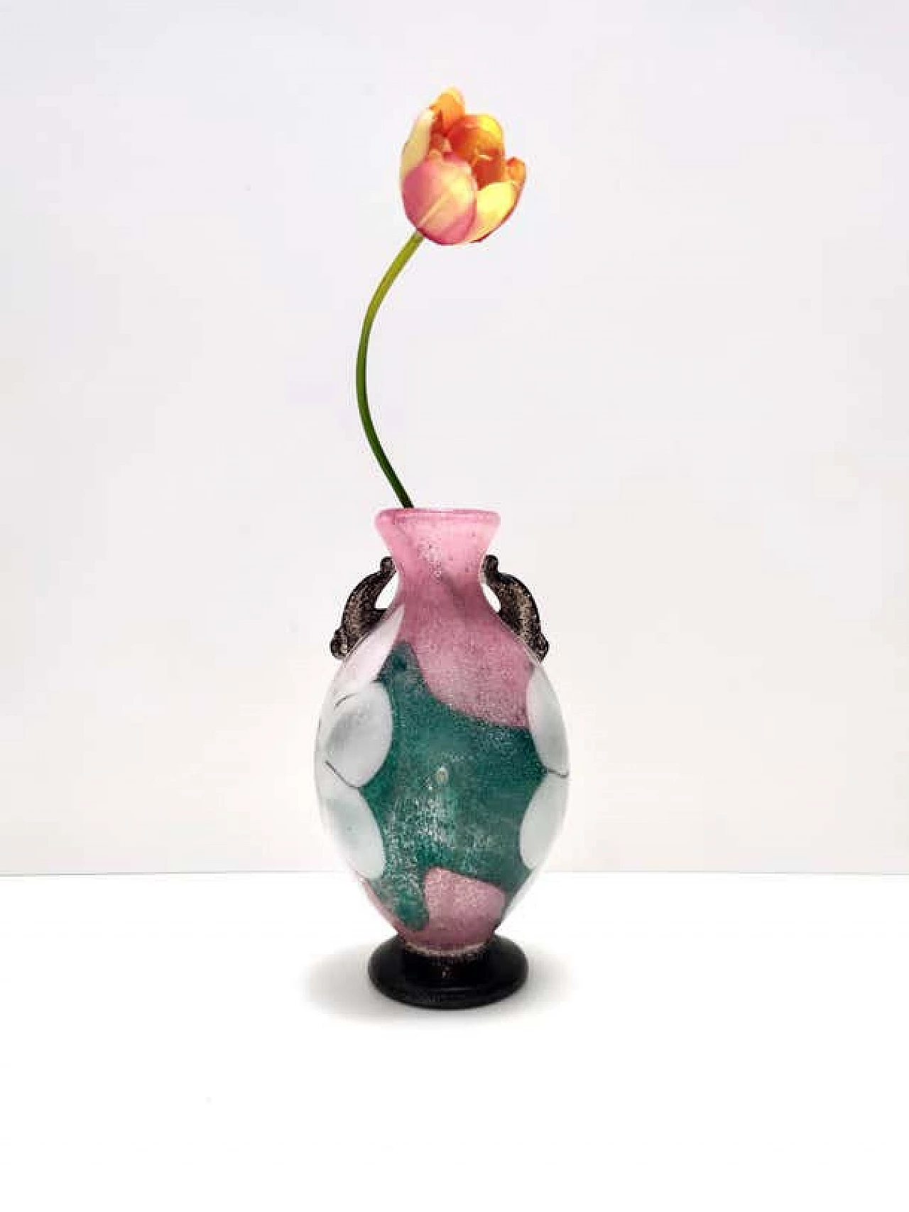 Scavo blown Murano glass vase in pink, green and white, 1980s 3