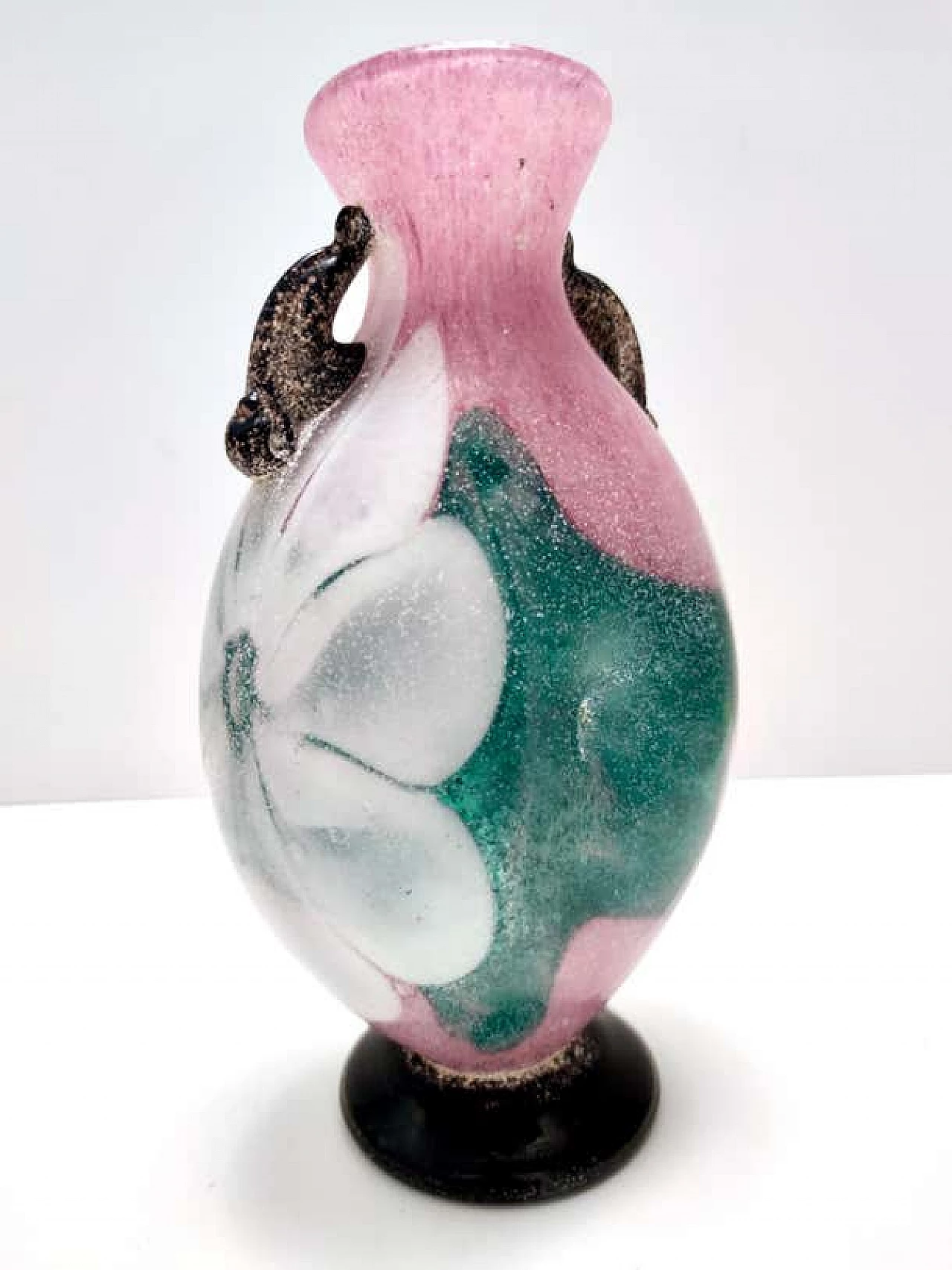 Scavo blown Murano glass vase in pink, green and white, 1980s 4