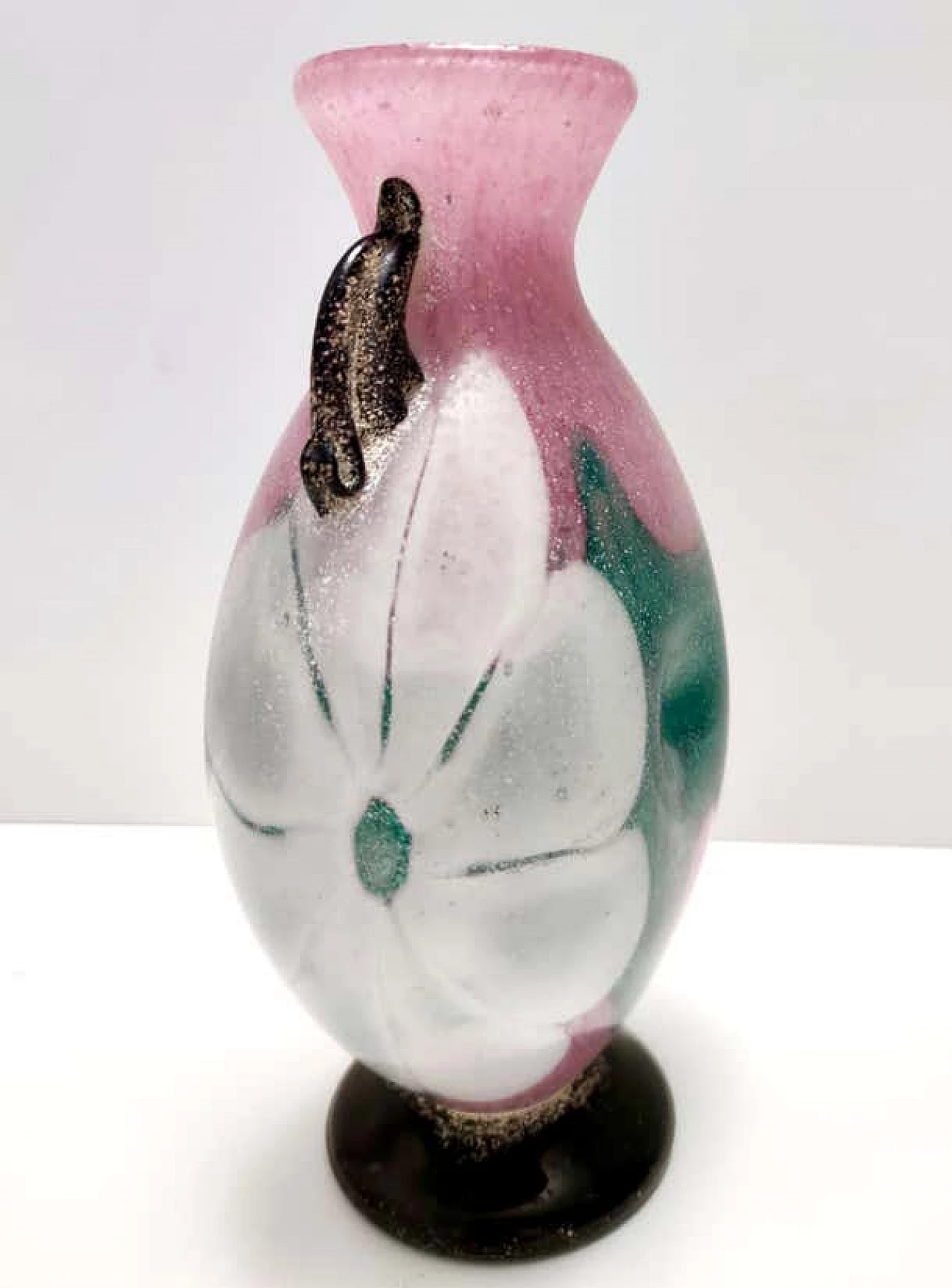 Scavo blown Murano glass vase in pink, green and white, 1980s 8