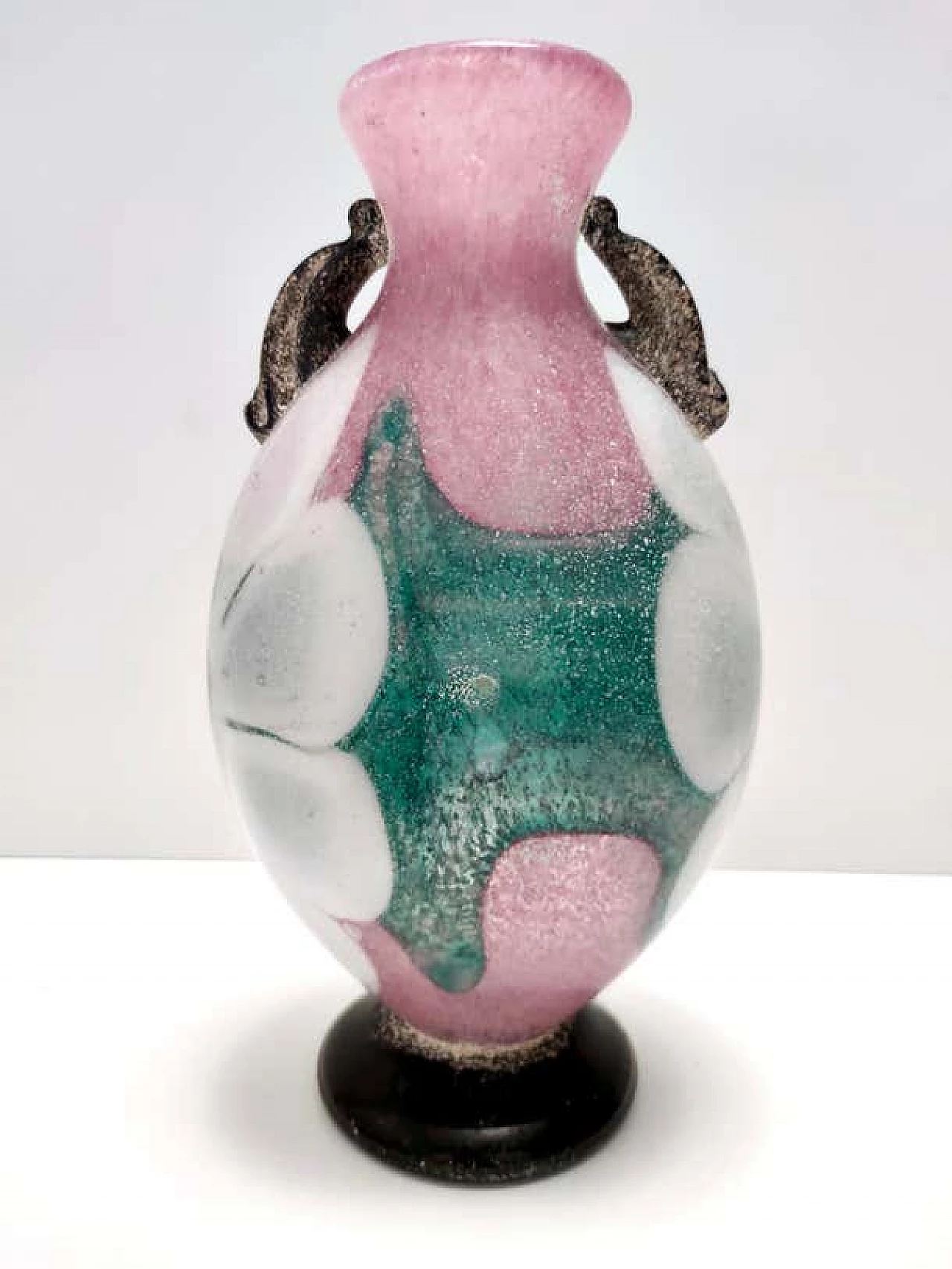 Scavo blown Murano glass vase in pink, green and white, 1980s 9