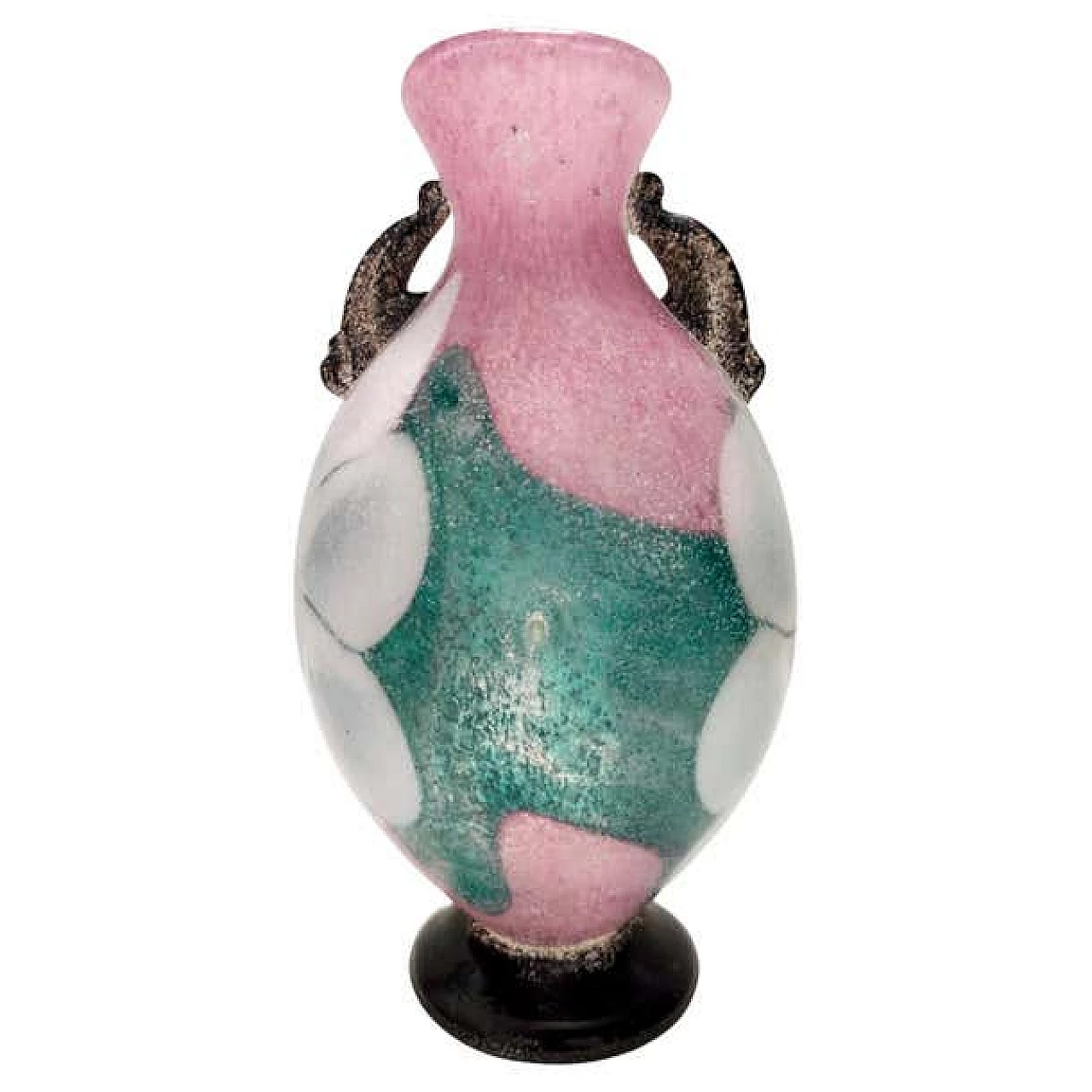 Scavo blown Murano glass vase in pink, green and white, 1980s 10