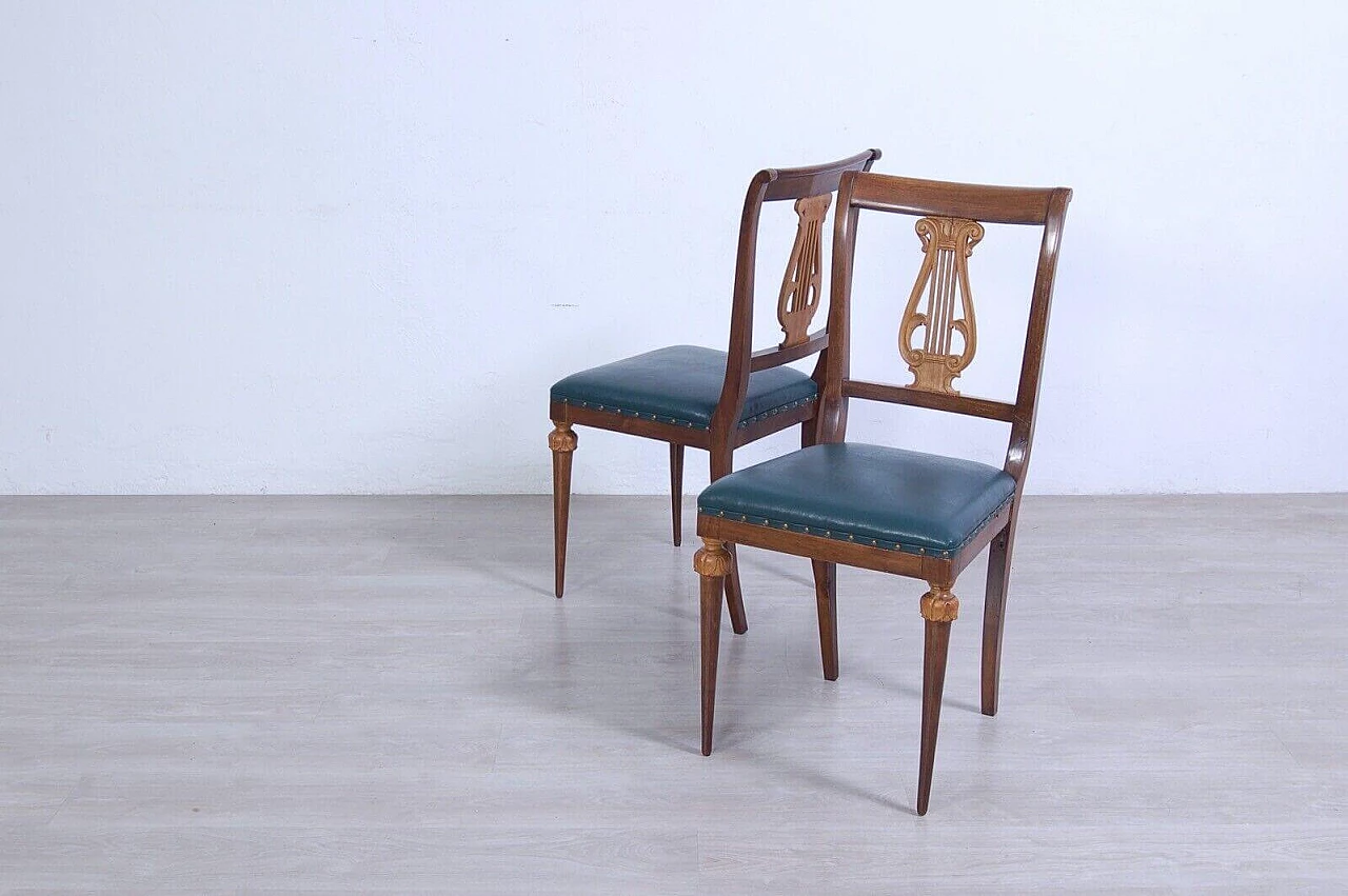 6 Chairs with leather seats and Empire-style table with green marble top, 1940s 1