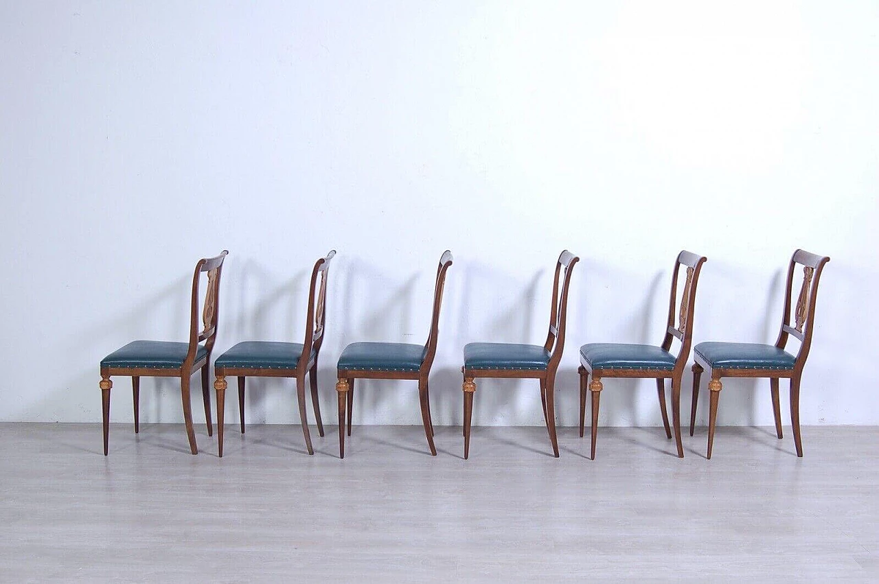 6 Chairs with leather seats and Empire-style table with green marble top, 1940s 2