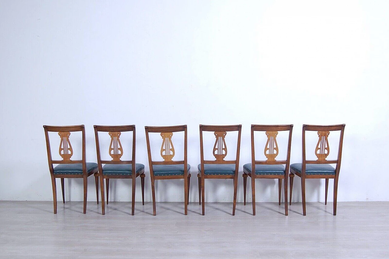 6 Chairs with leather seats and Empire-style table with green marble top, 1940s 3