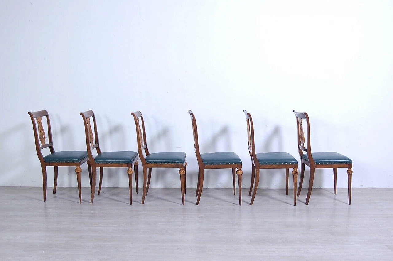 6 Chairs with leather seats and Empire-style table with green marble top, 1940s 4