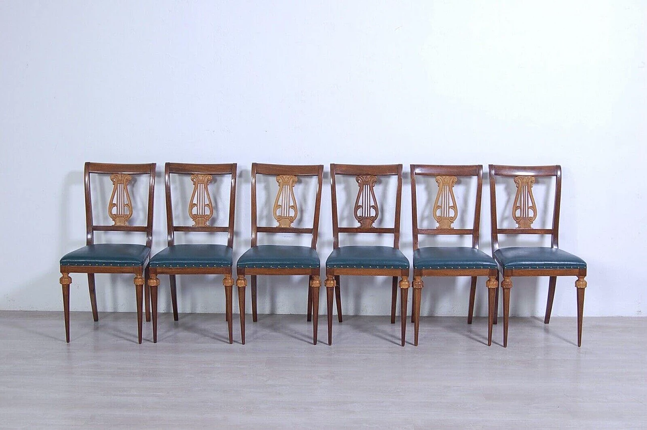 6 Chairs with leather seats and Empire-style table with green marble top, 1940s 5