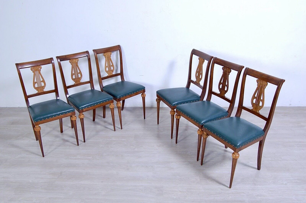 6 Chairs with leather seats and Empire-style table with green marble top, 1940s 6