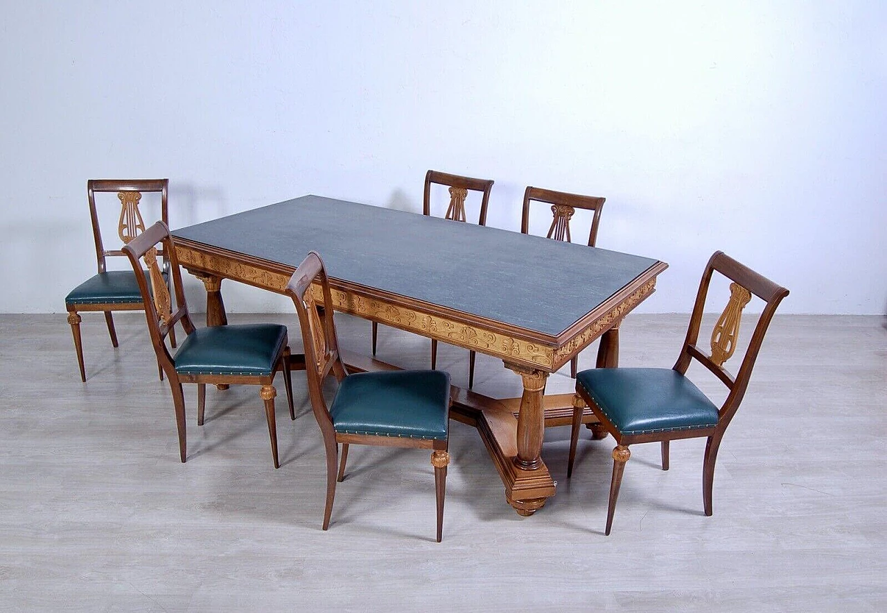 6 Chairs with leather seats and Empire-style table with green marble top, 1940s 12