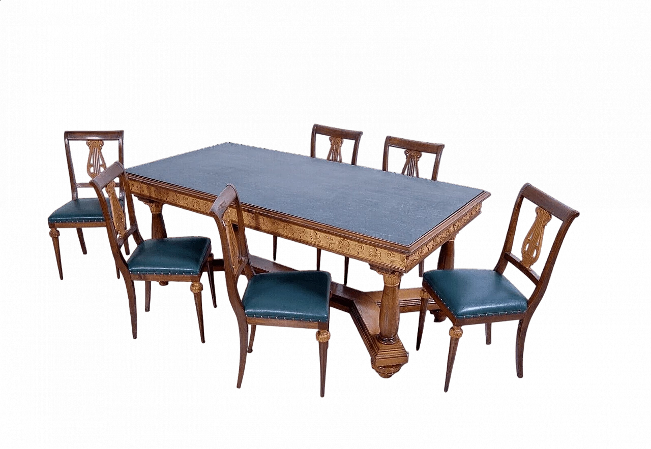 6 Chairs with leather seats and Empire-style table with green marble top, 1940s 13