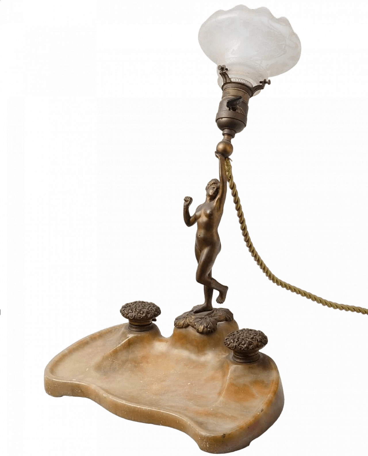 Art Nouveau bronze, marble and glass table lamp with inkwell, 1920s 5