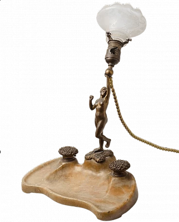 Art Nouveau bronze, marble and glass table lamp with inkwell, 1920s