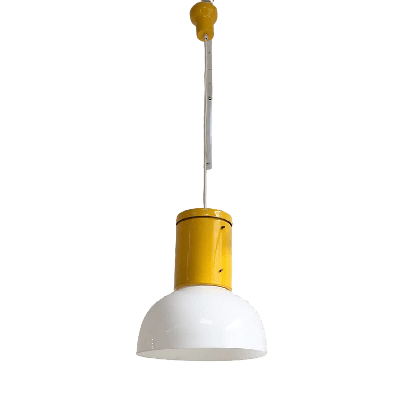 Industrial chandelier made of yellow painted metal with white plastic diffuser, 1970s 5